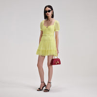 Yellow Chiffon Lace Detail Mini Dress