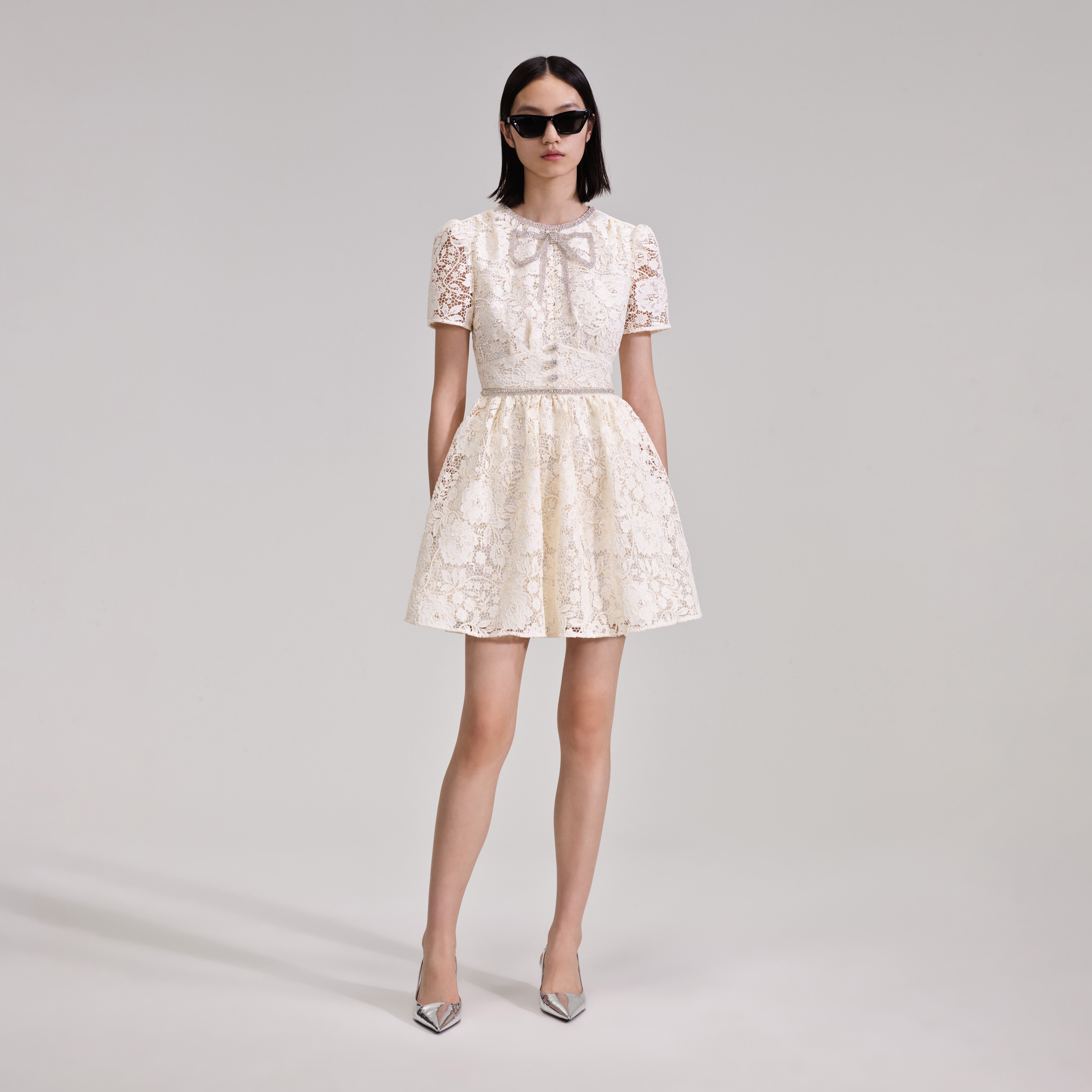 Cream Cord Lace Bow Mini Dress – self-portrait