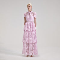 Pink Cord Lace Tiered Maxi Dress