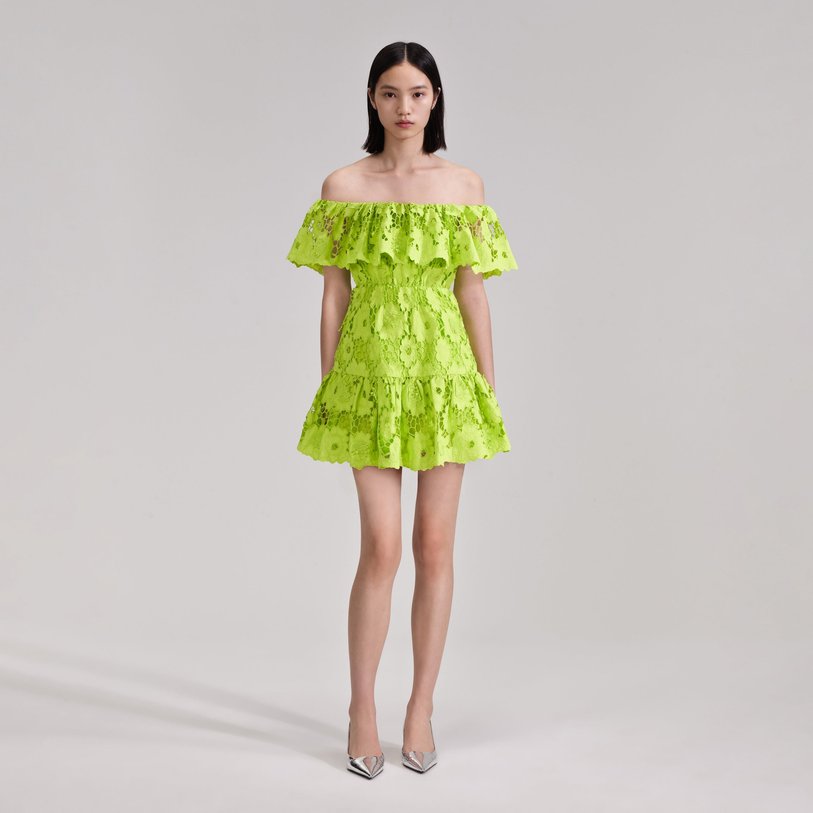 Green Lace Off Shoulder Mini Dress