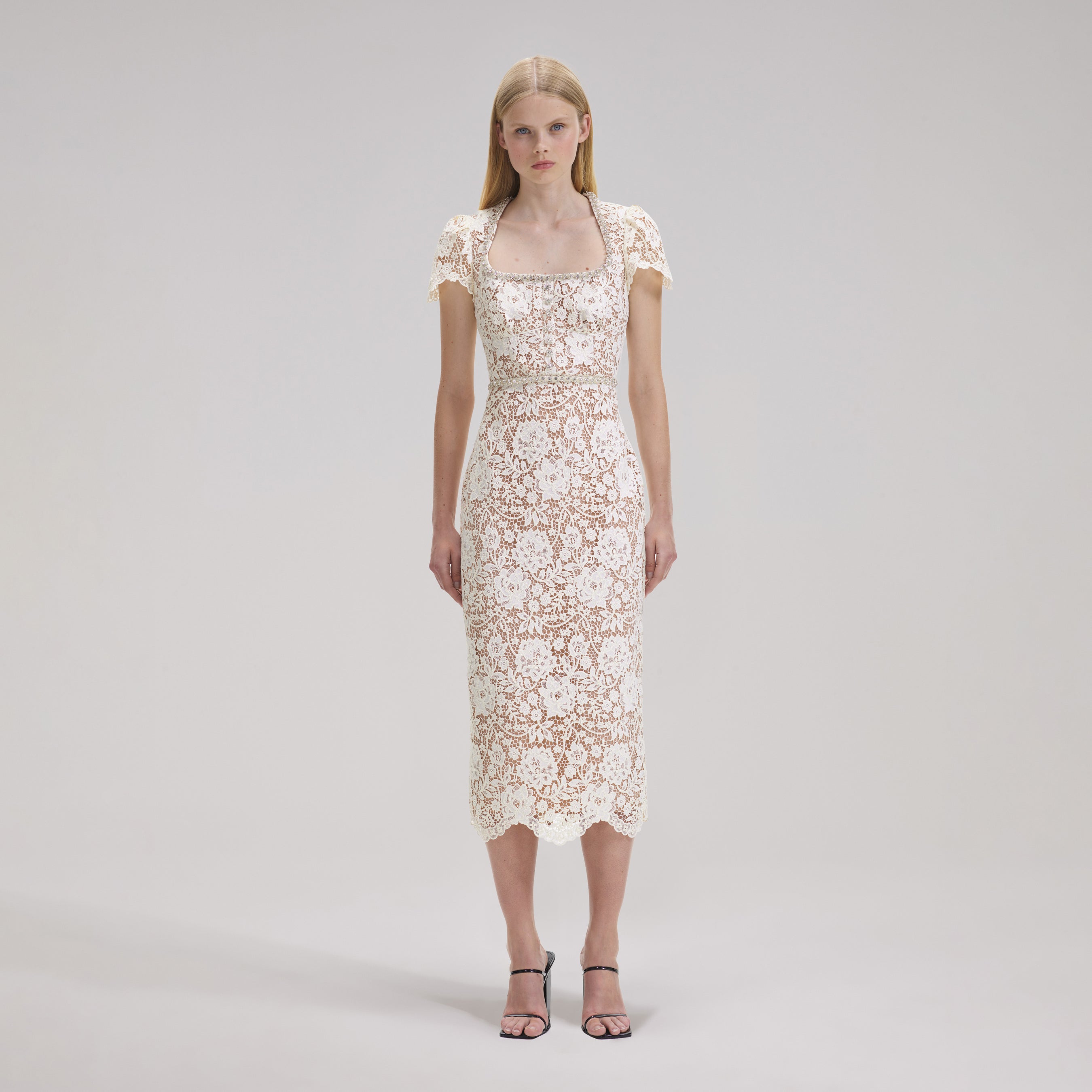 Cream Cord Lace Diamante Midi Dress