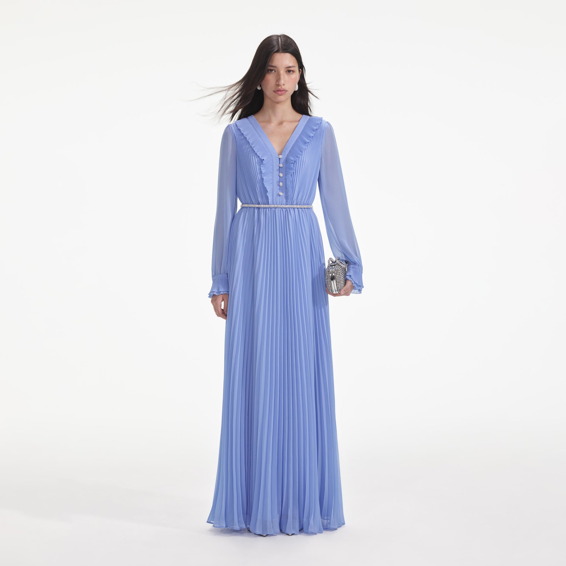 Front view of a woman wearing the Blue Chiffon Maxi Dress