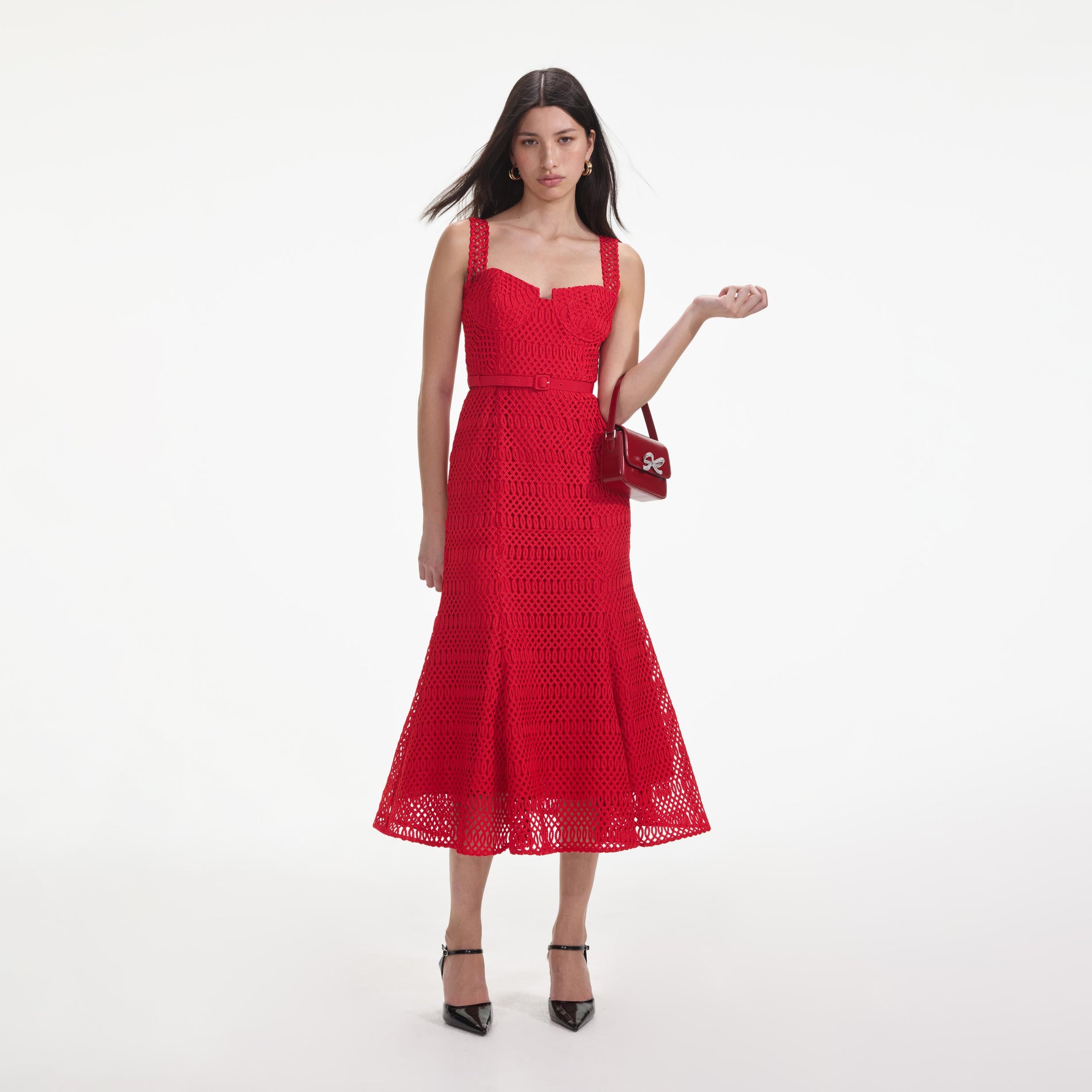 Front view of a woman wearing the Red Lattice Lace Midi Dress