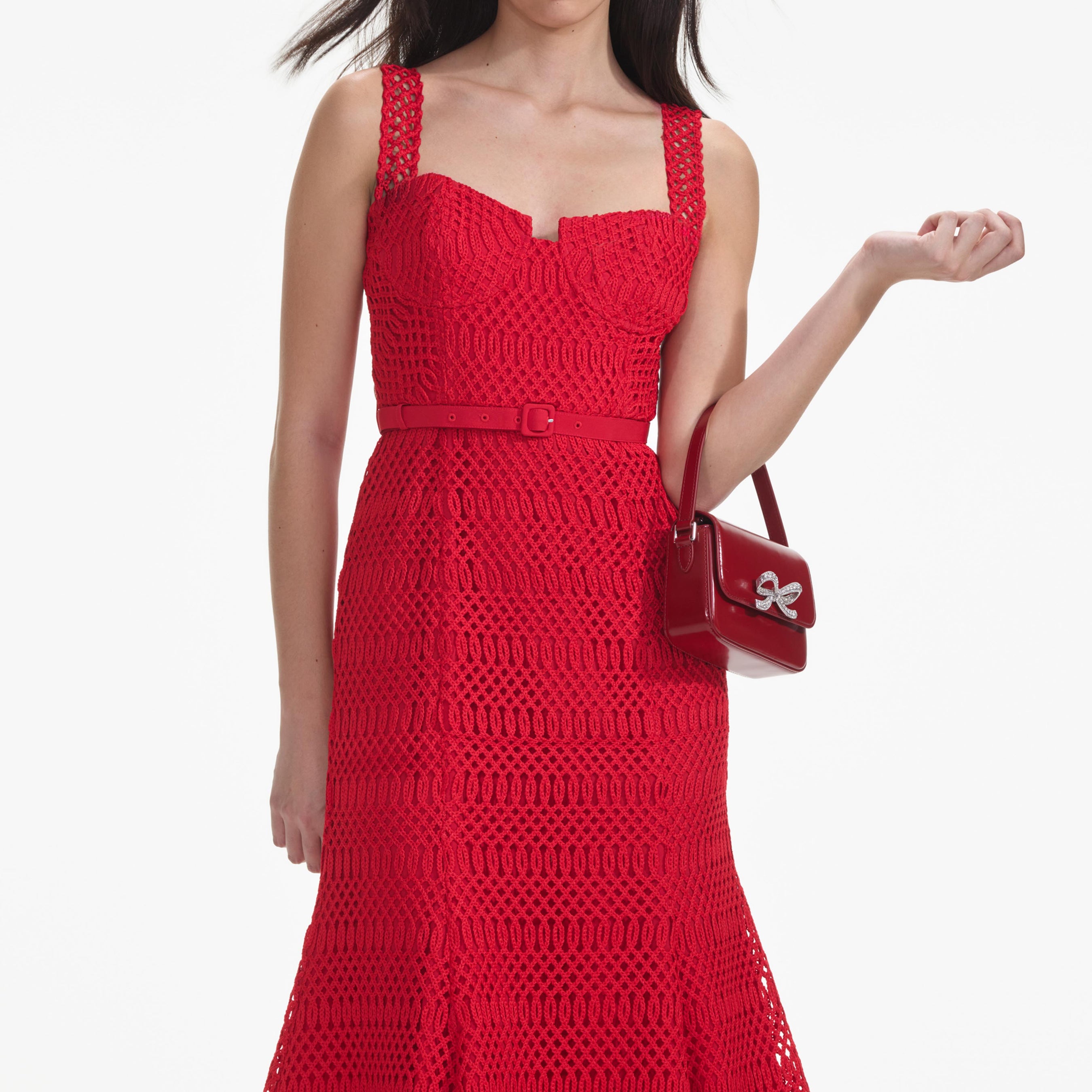Red Lattice Lace Midi Dress