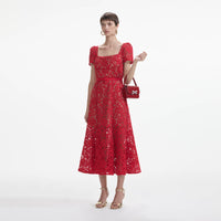 Red Floral Lace Midi Dress