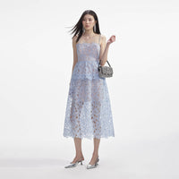Blue Organza Lace Midi Dress