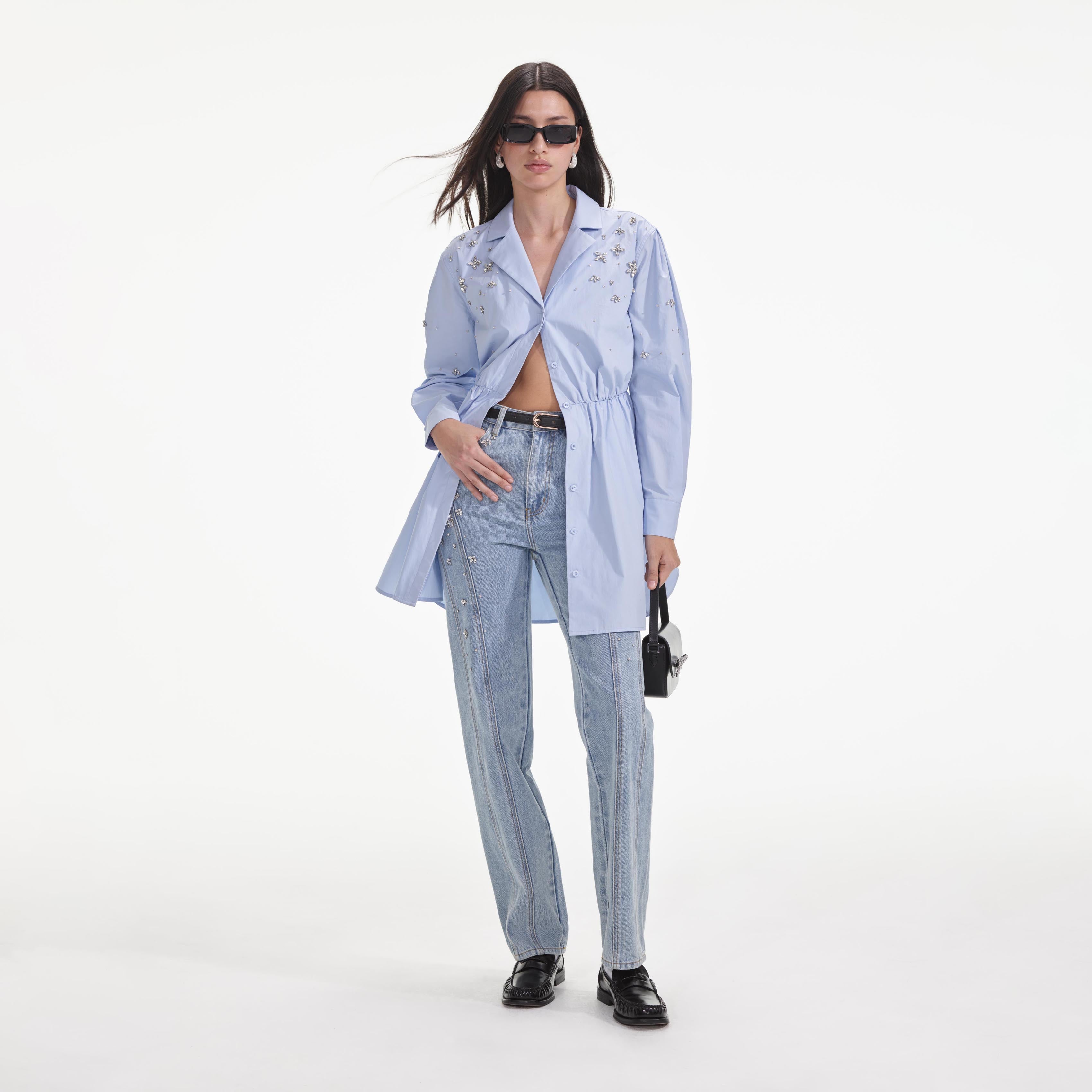 블루 코튼 장식 미니 드레스