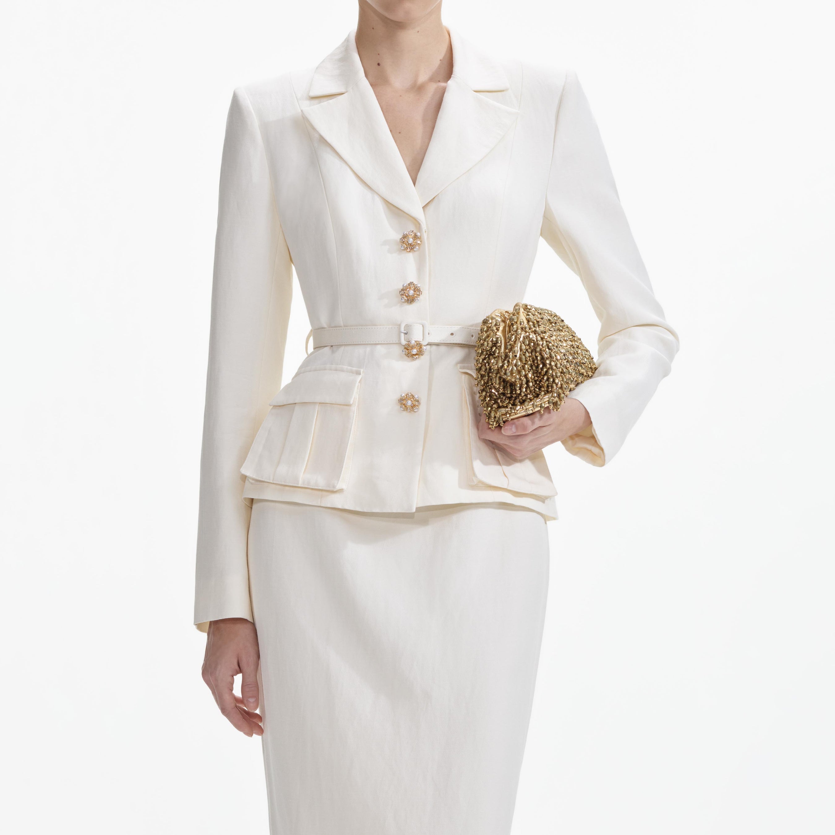 Cream Linen Tailored Midi Dress