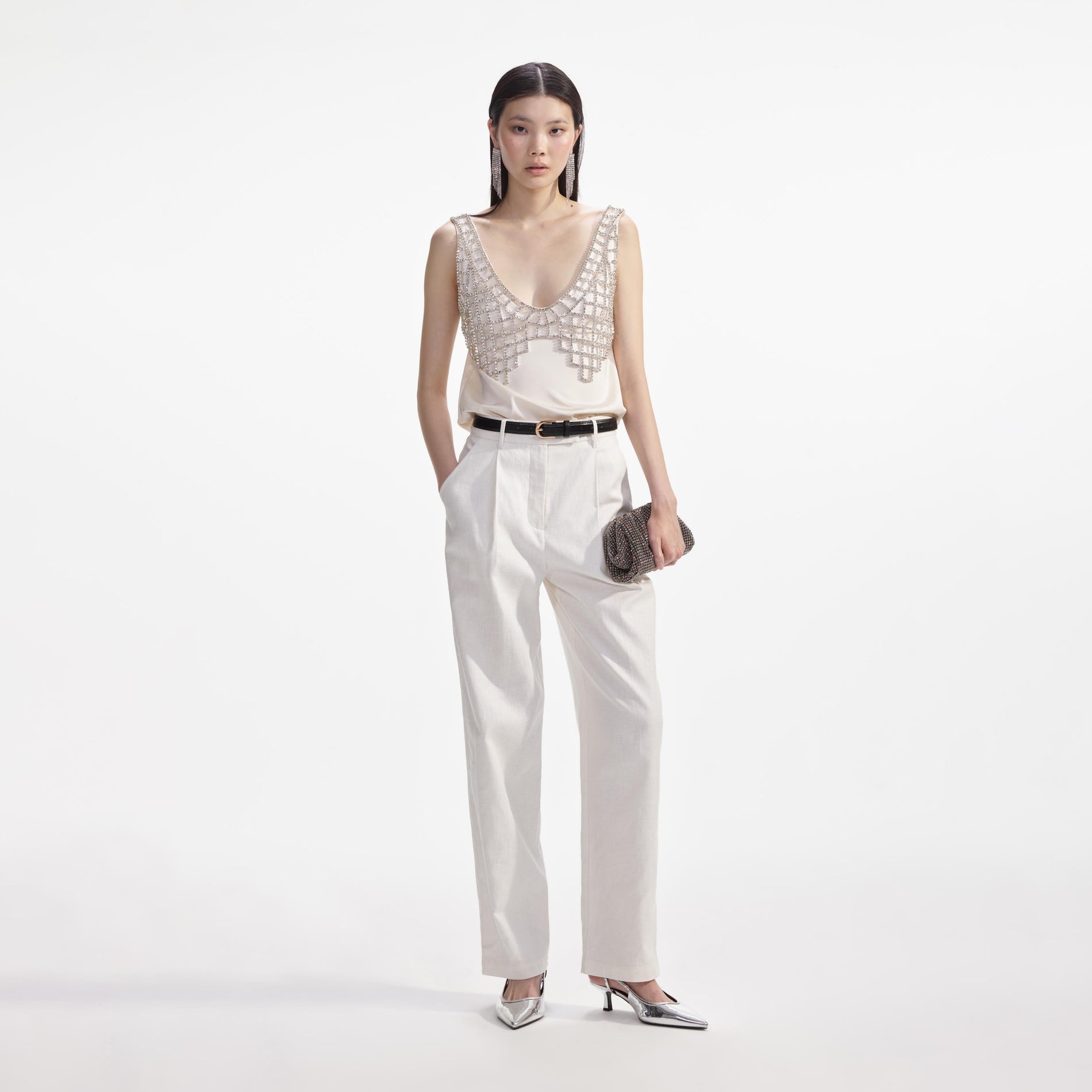 Front view of a woman wearing the Cream Satin Diamante Bralette Top