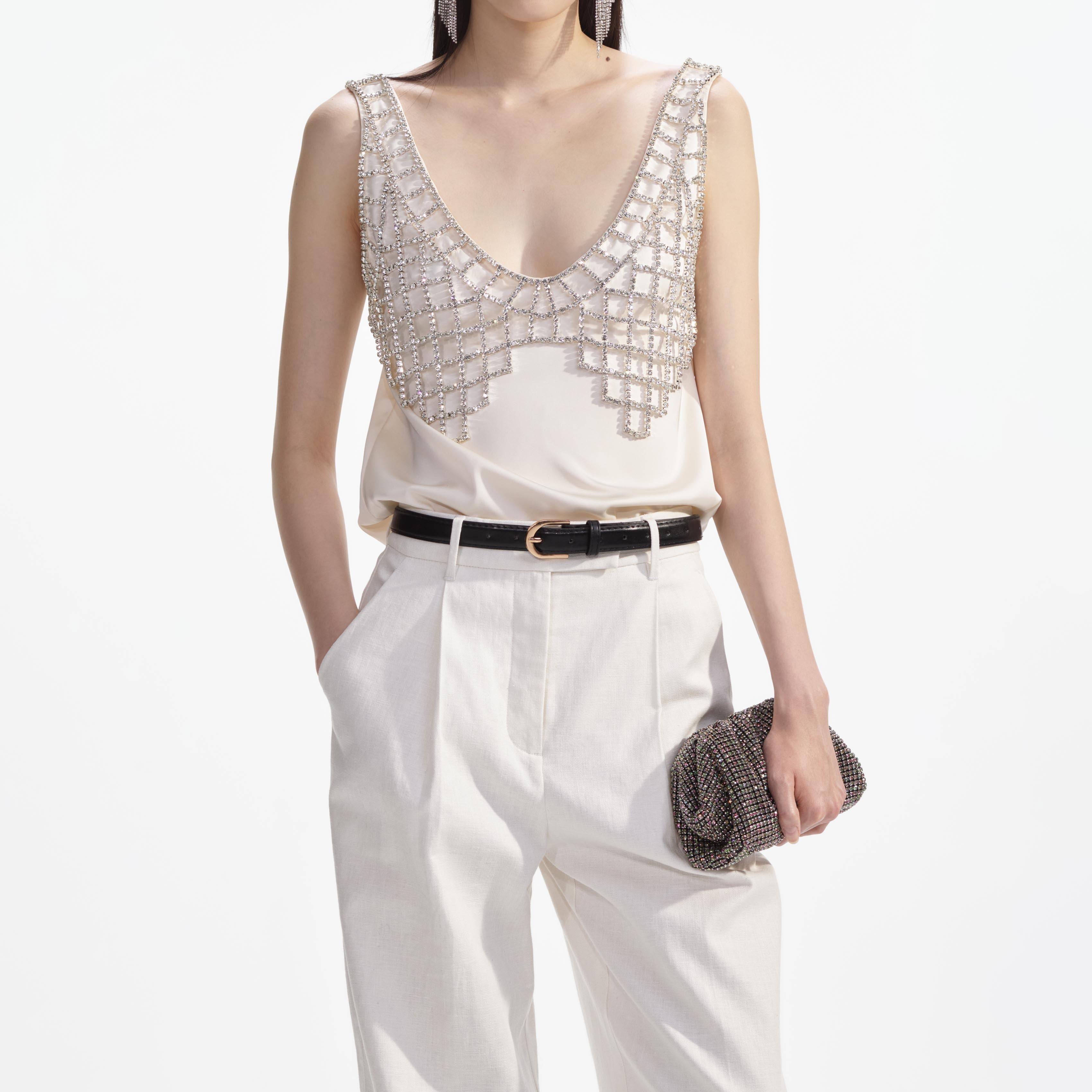 Cream Satin Diamante Bralette Top