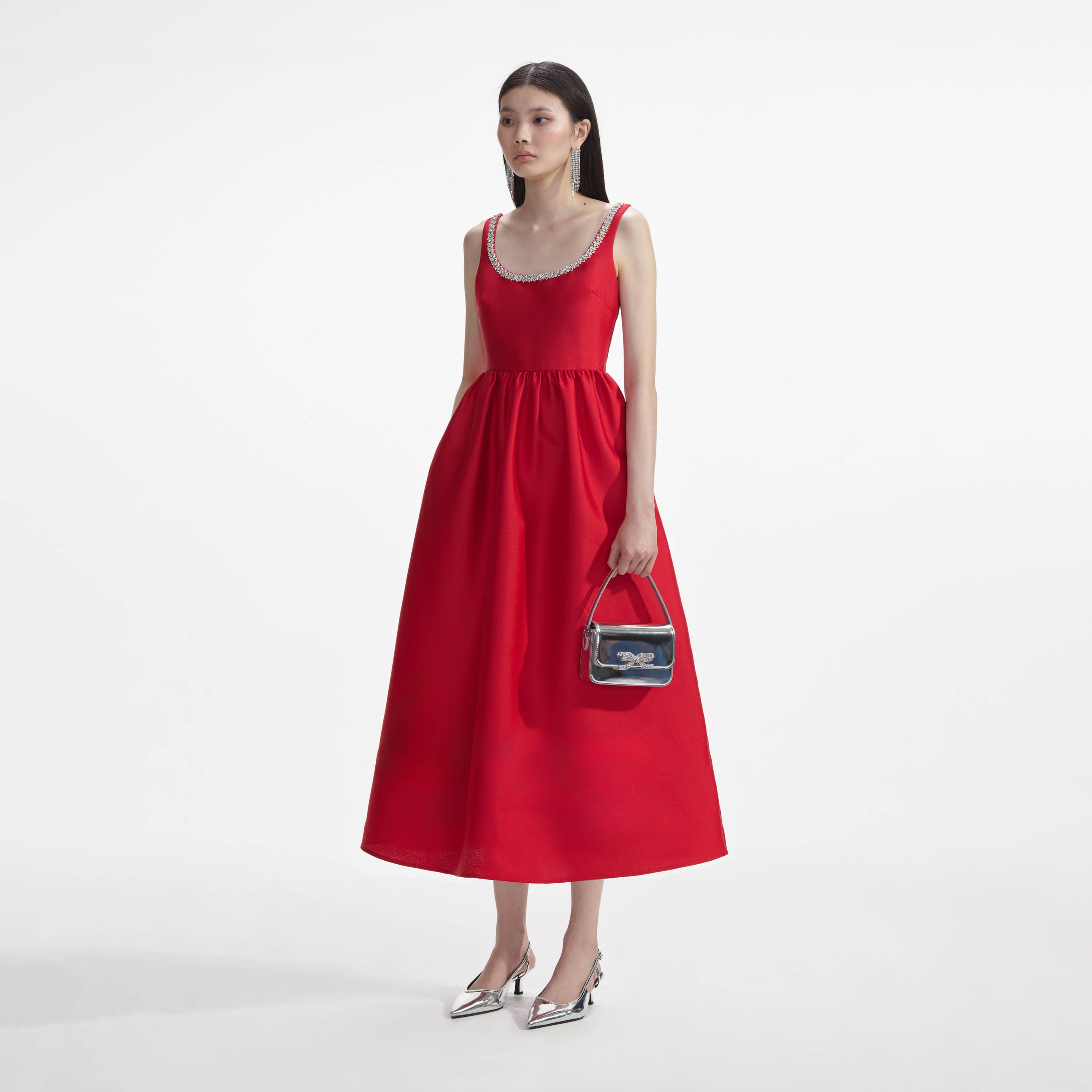 Red Taffeta Diamante Midi Dress