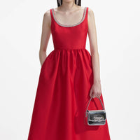 Red Taffeta Diamante Midi Dress