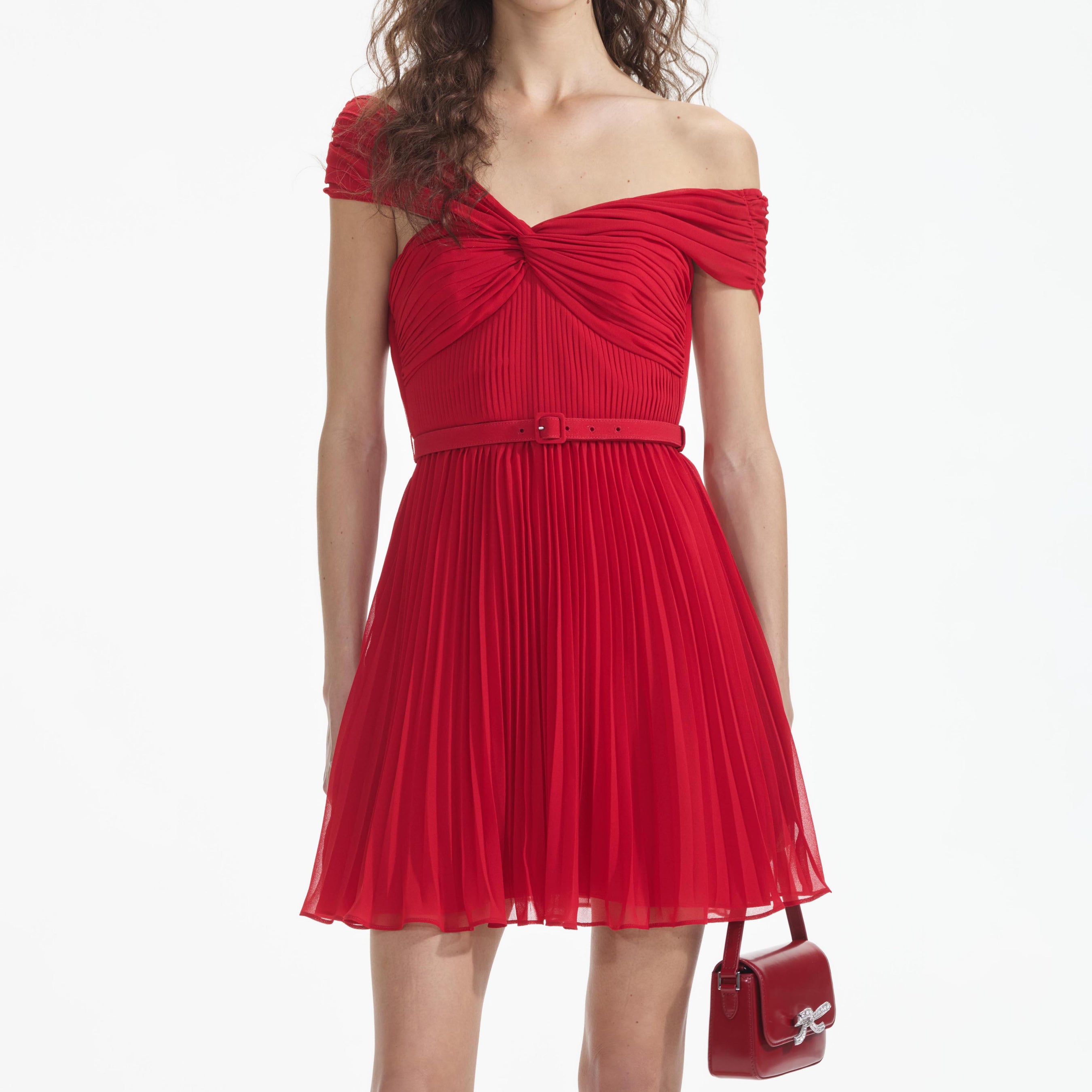 Red Off Shoulder Chiffon Mini Dress