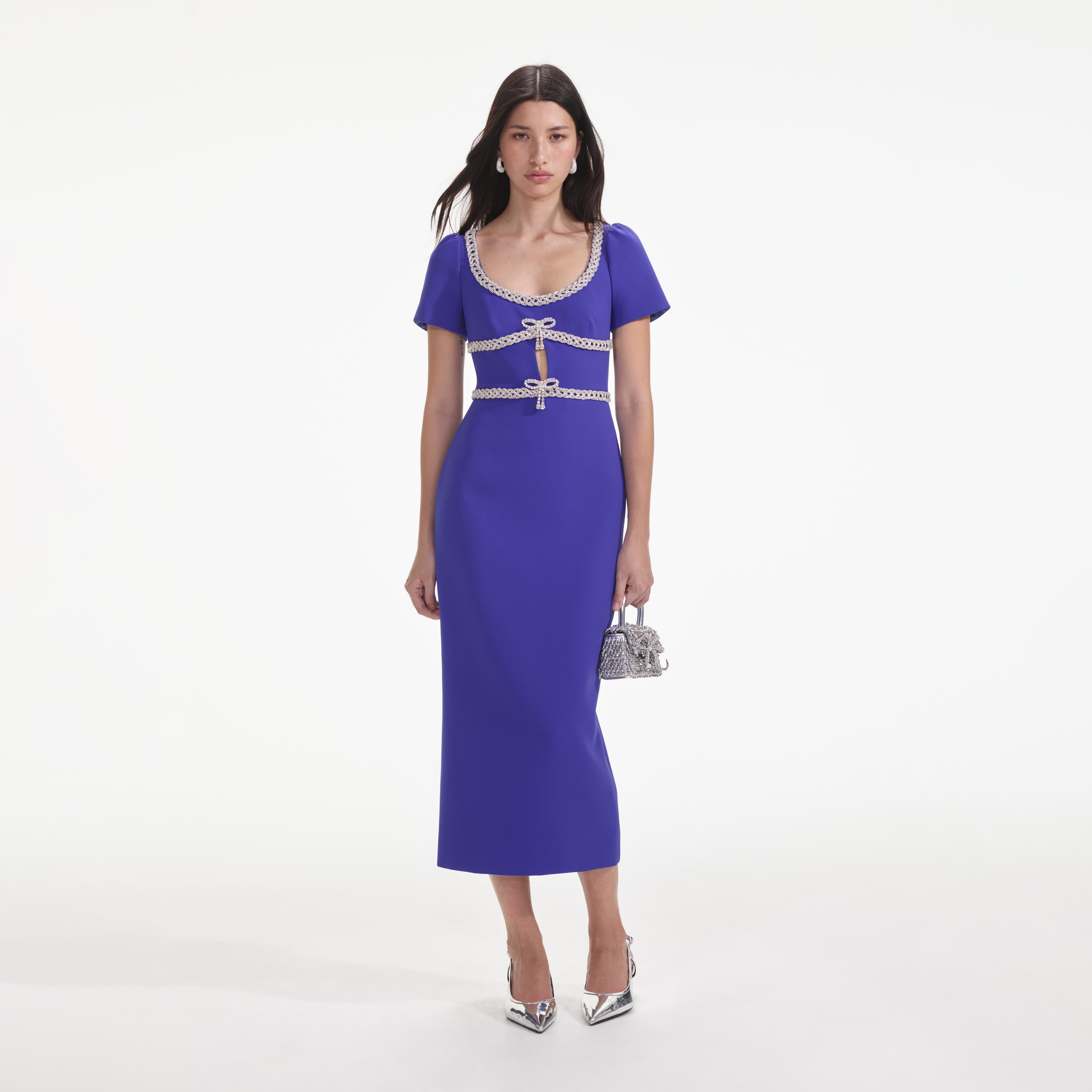 Blue Diamante Bow Trim Midi Dress