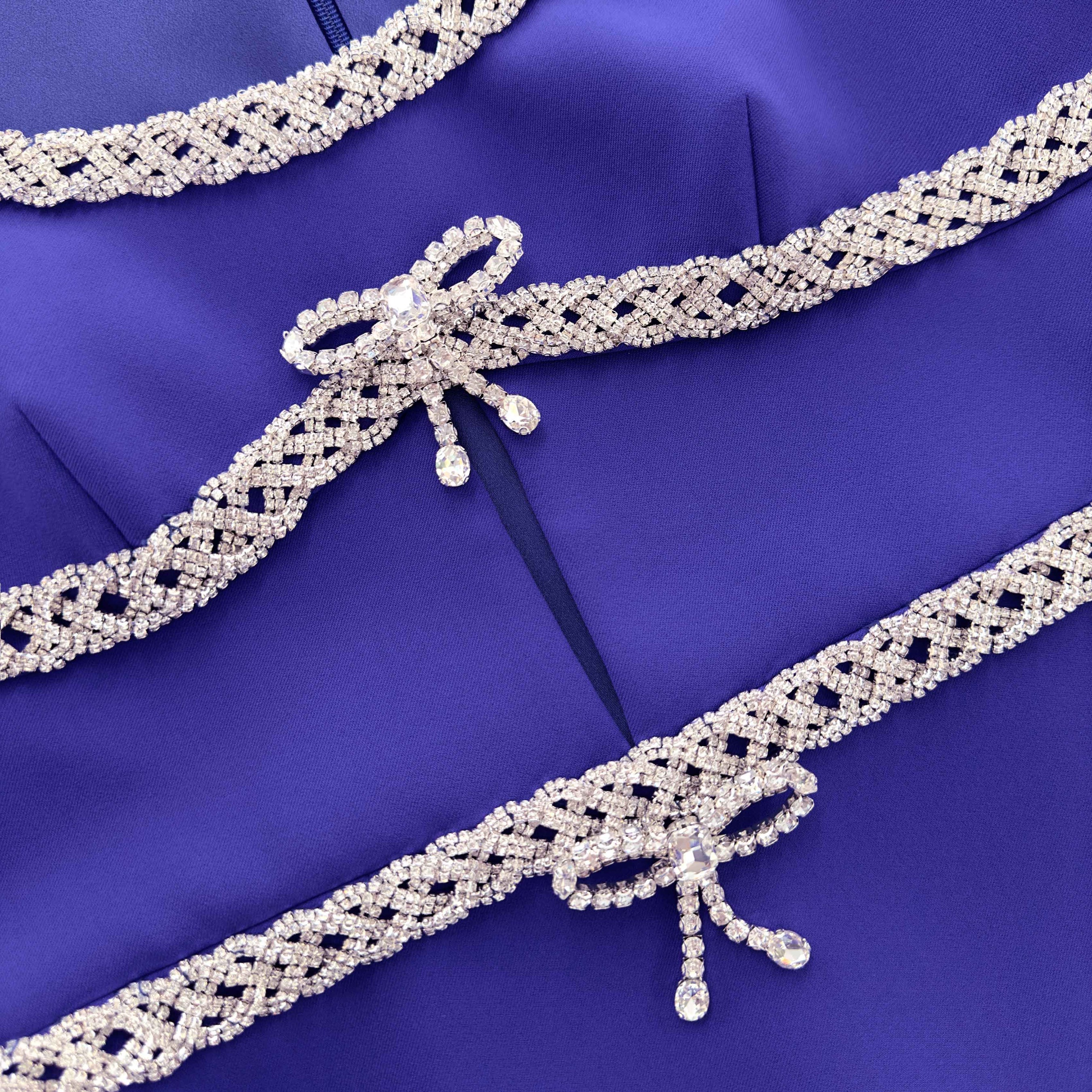 Blue Diamante Bow Trim Midi Dress