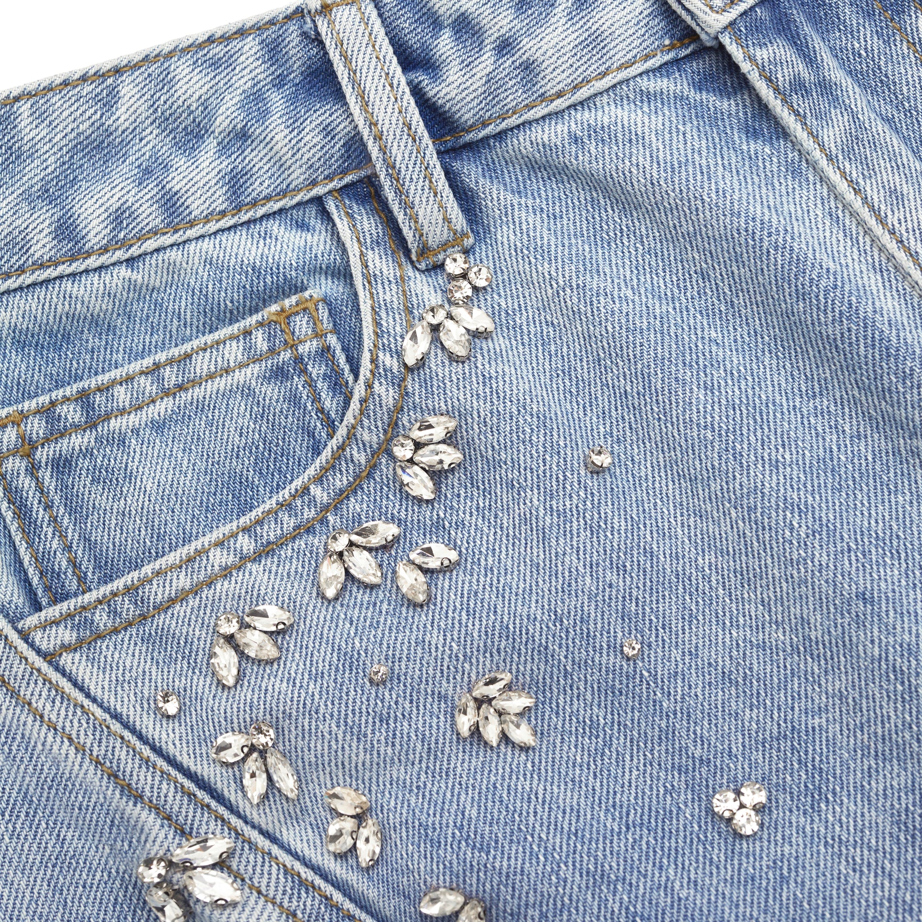 A close up of the fabric for the Crystal Embellished Denim Jeans