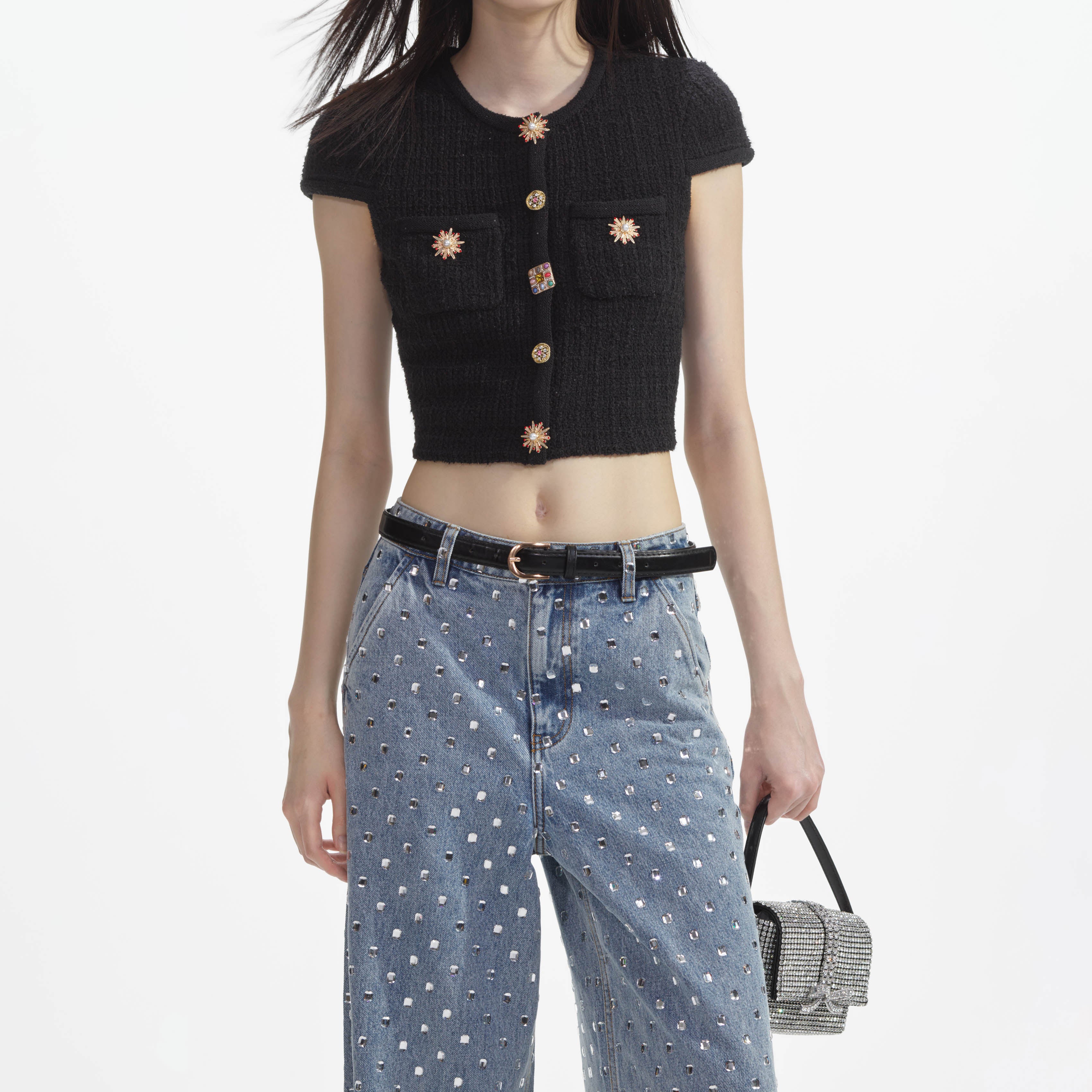 스퀘어 라인스톤 데님 청바지