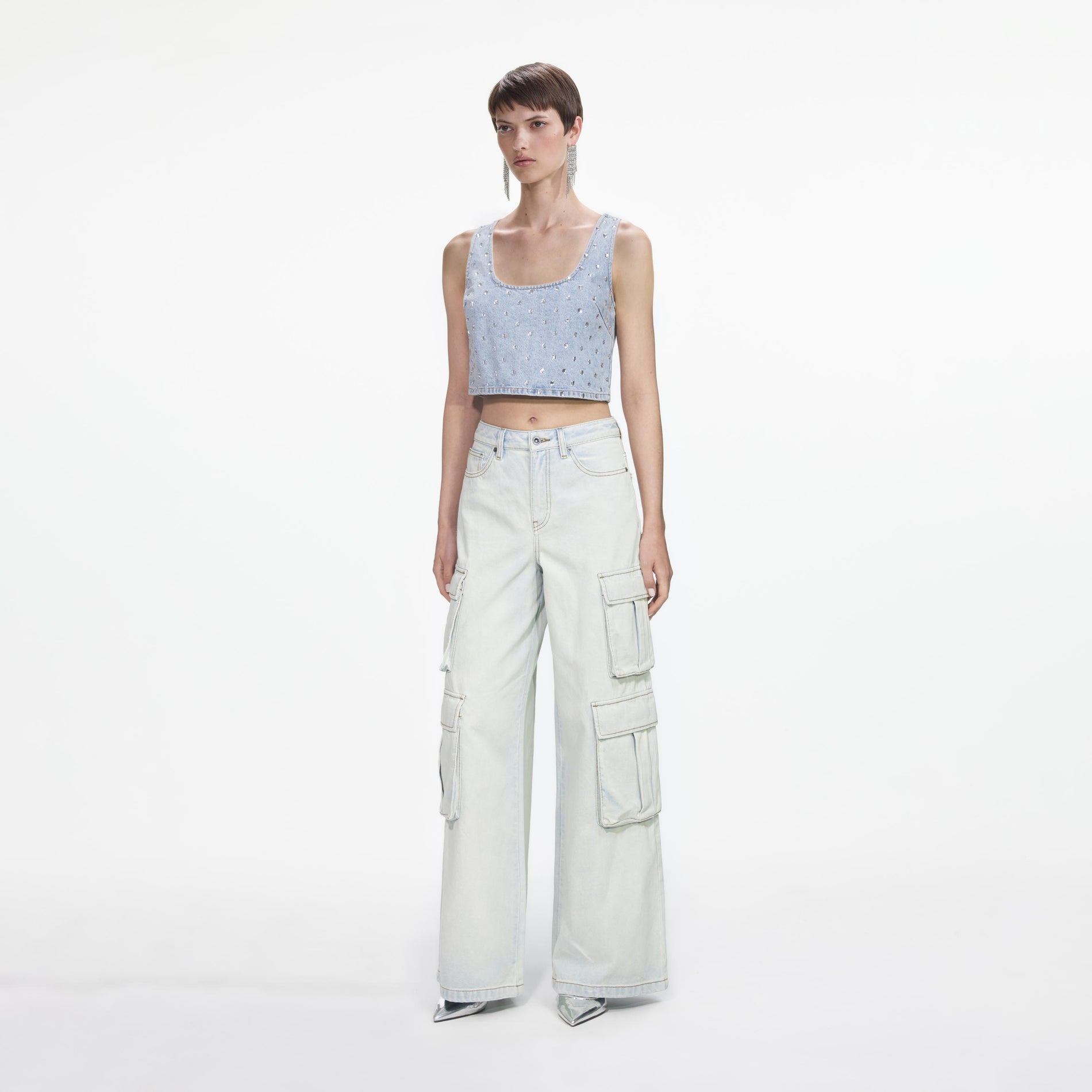 Side view of a woman wearing the Square Rhinestone Denim Top