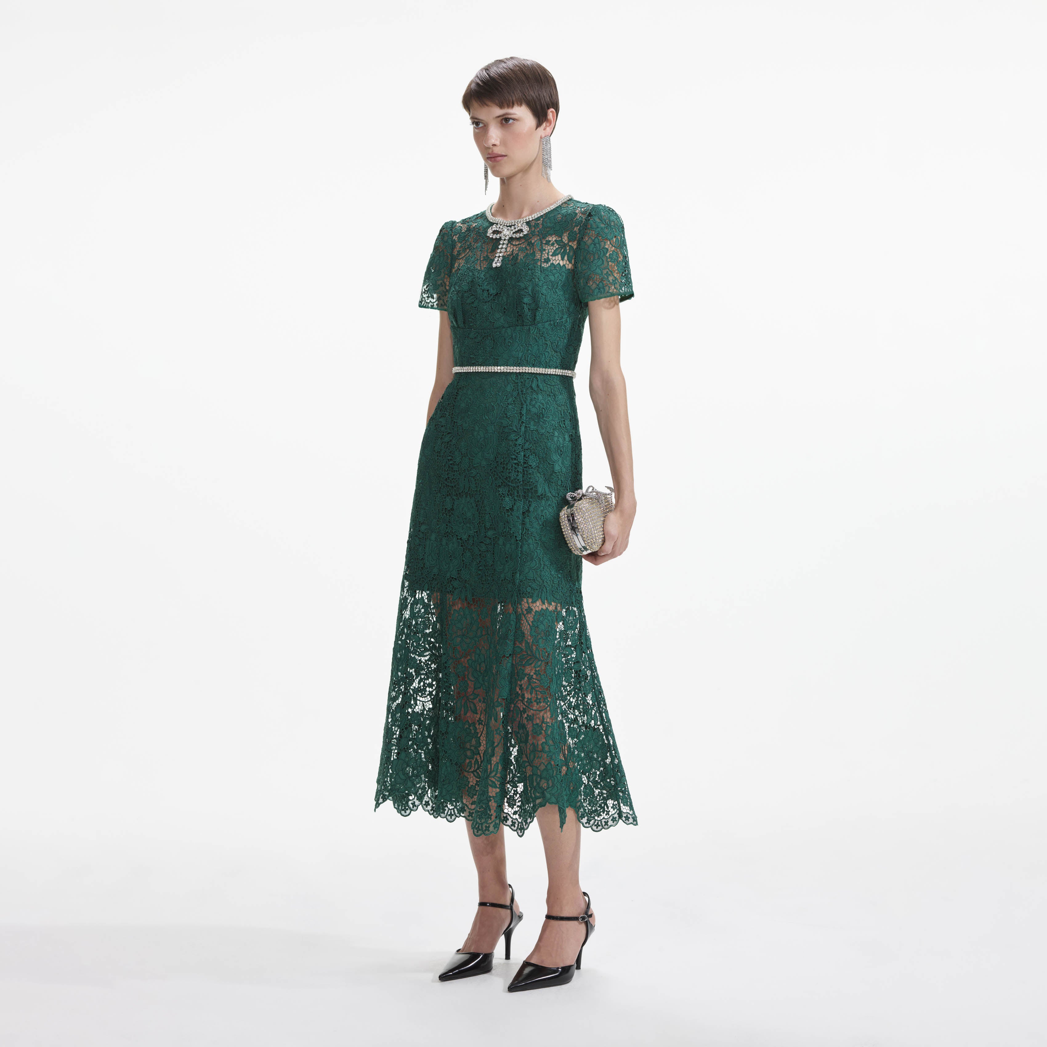 Green Lace Diamante Bow Midi Dress