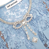 Blue Lace Diamante Bow Mini Dress
