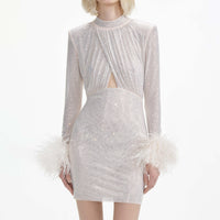 Cream Rhinestone Feather Mini Dress