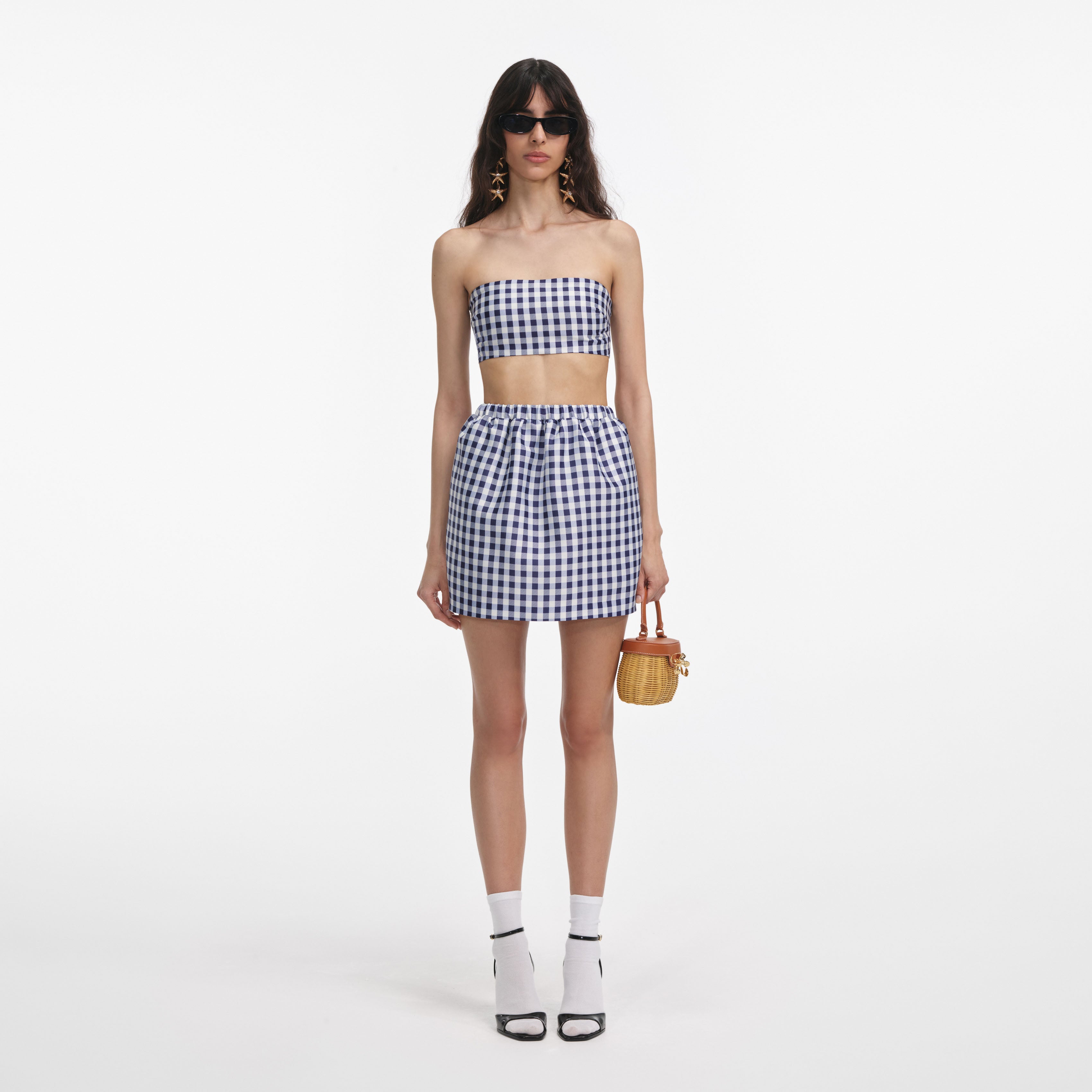 Navy Gingham Taffeta Mini Skirt