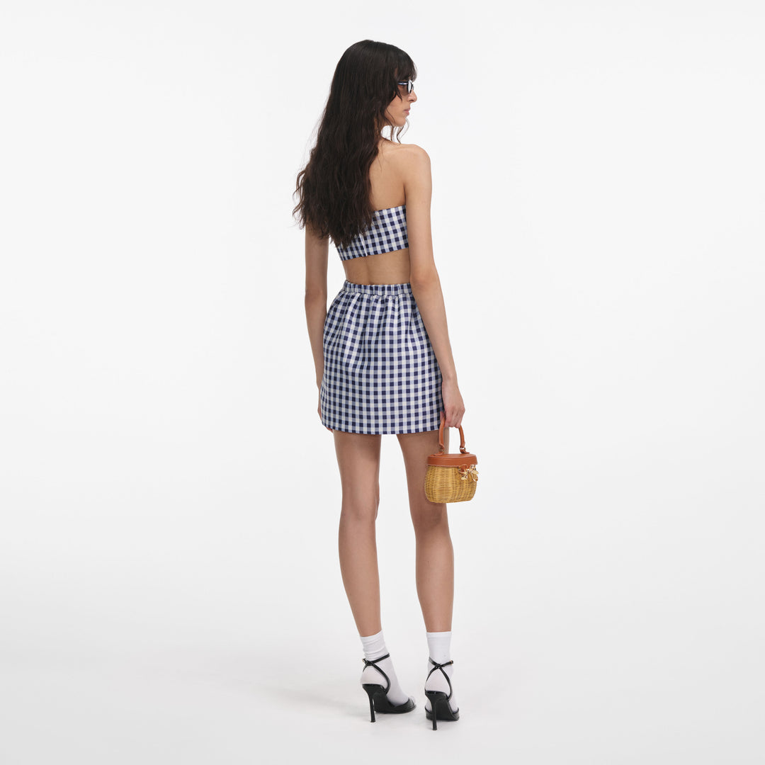 Self Portrait Girls Gingham Taffeta Skirt in Navy main image 0