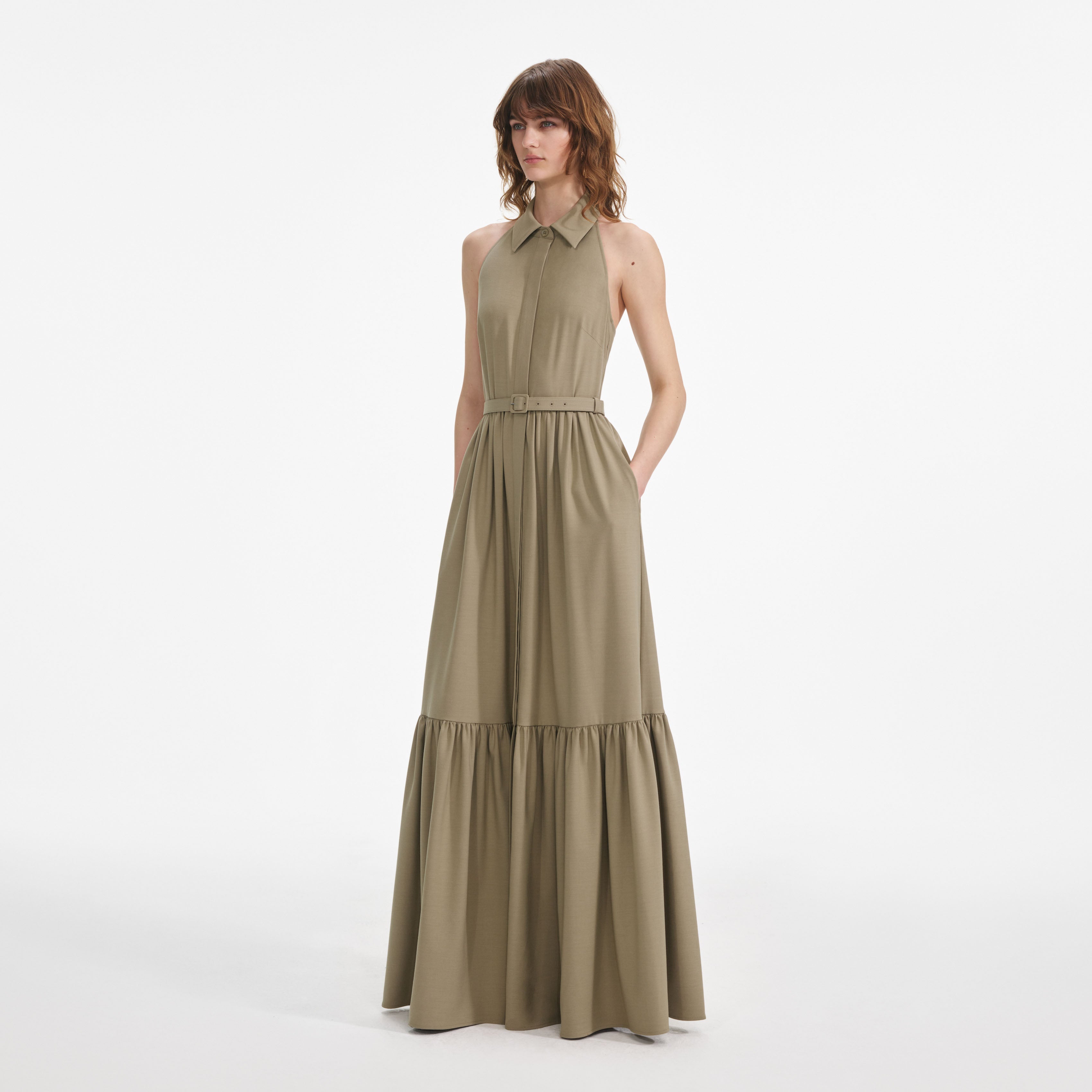 Beige Sleeveless Twill Maxi Dress