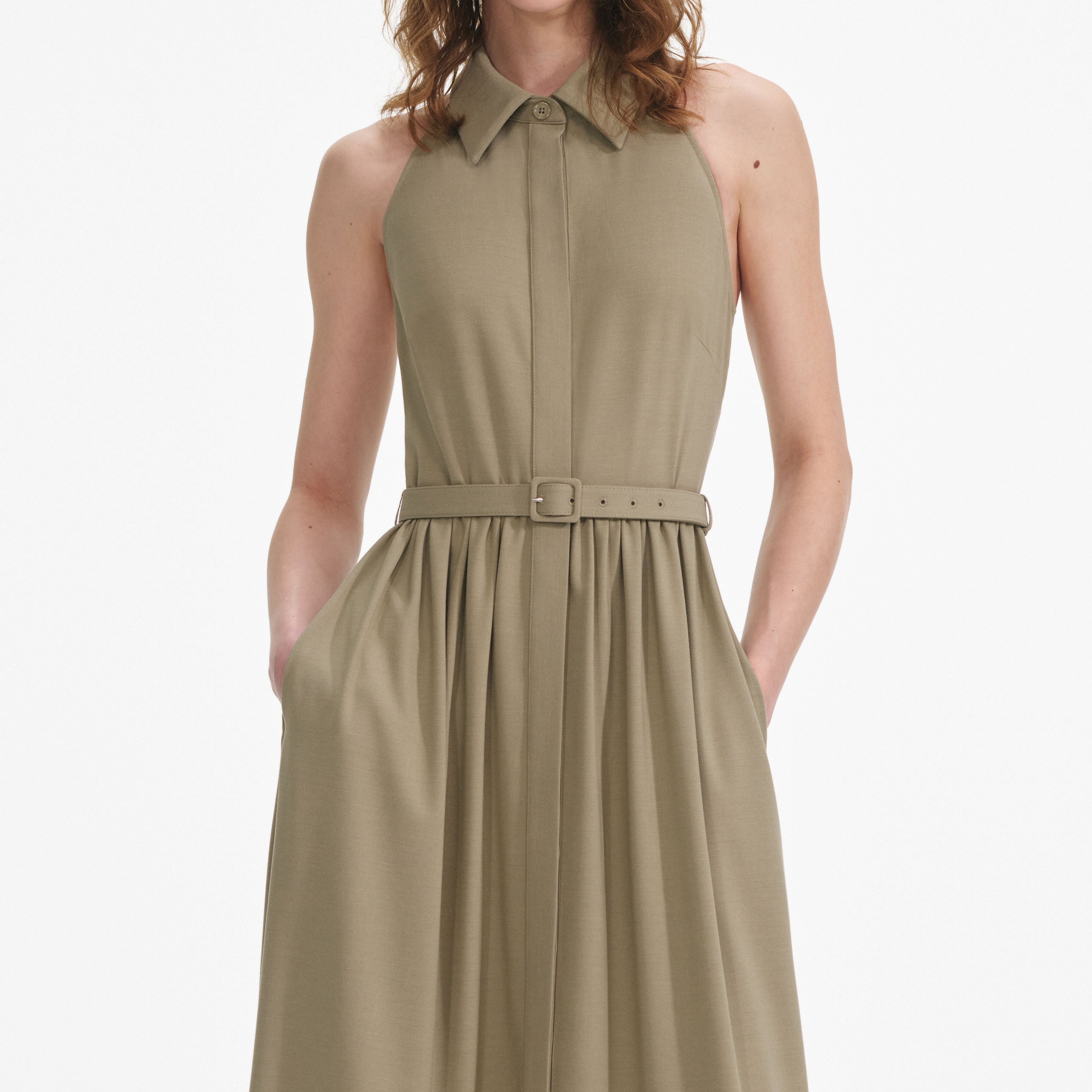 Beige Sleeveless Twill Maxi Dress