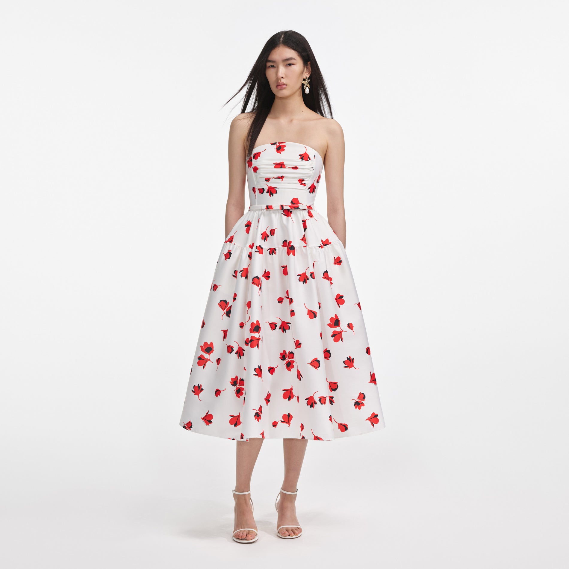 Front view of a woman wearing the Floral Print Taffeta Midi Dress