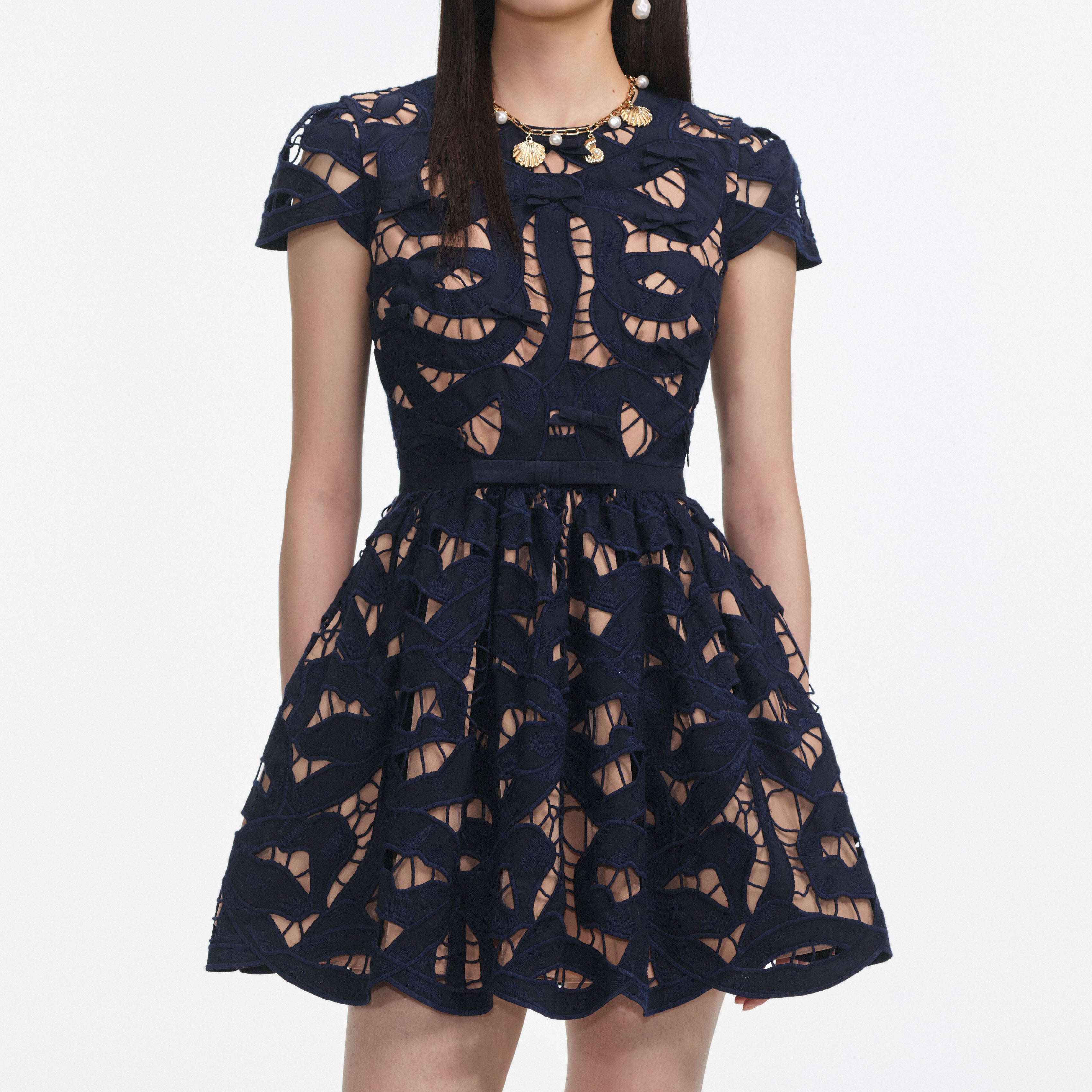 Navy Bow Embroidered Mini Dress