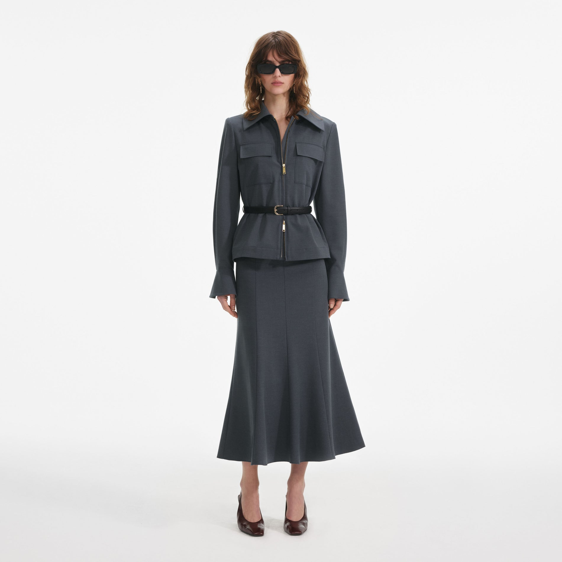 Front view of a woman wearing the Grey Twill Midi Dress