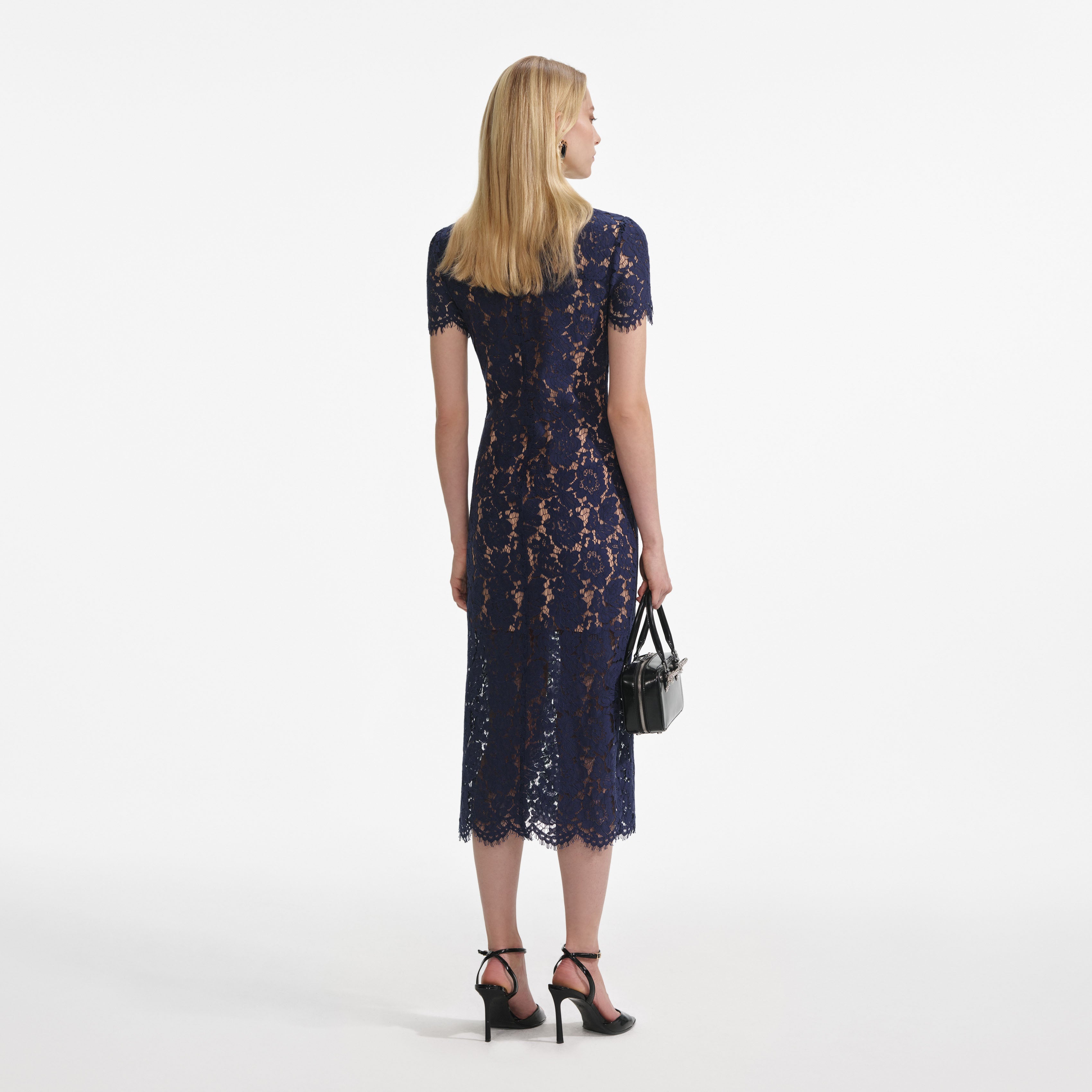 Navy Lace Contrast Collar Midi Dress