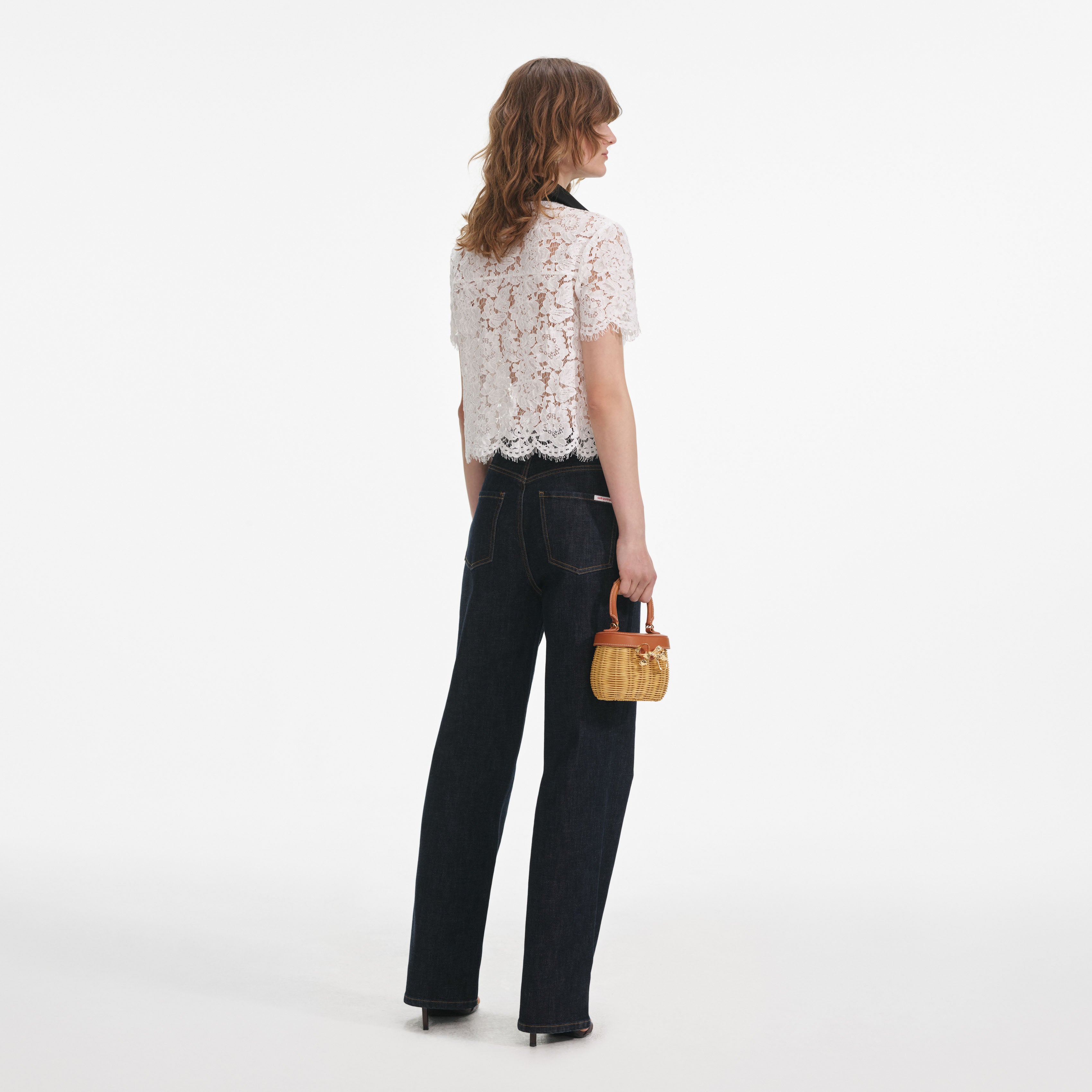 White Lace Contrast Collar Top – self-portrait