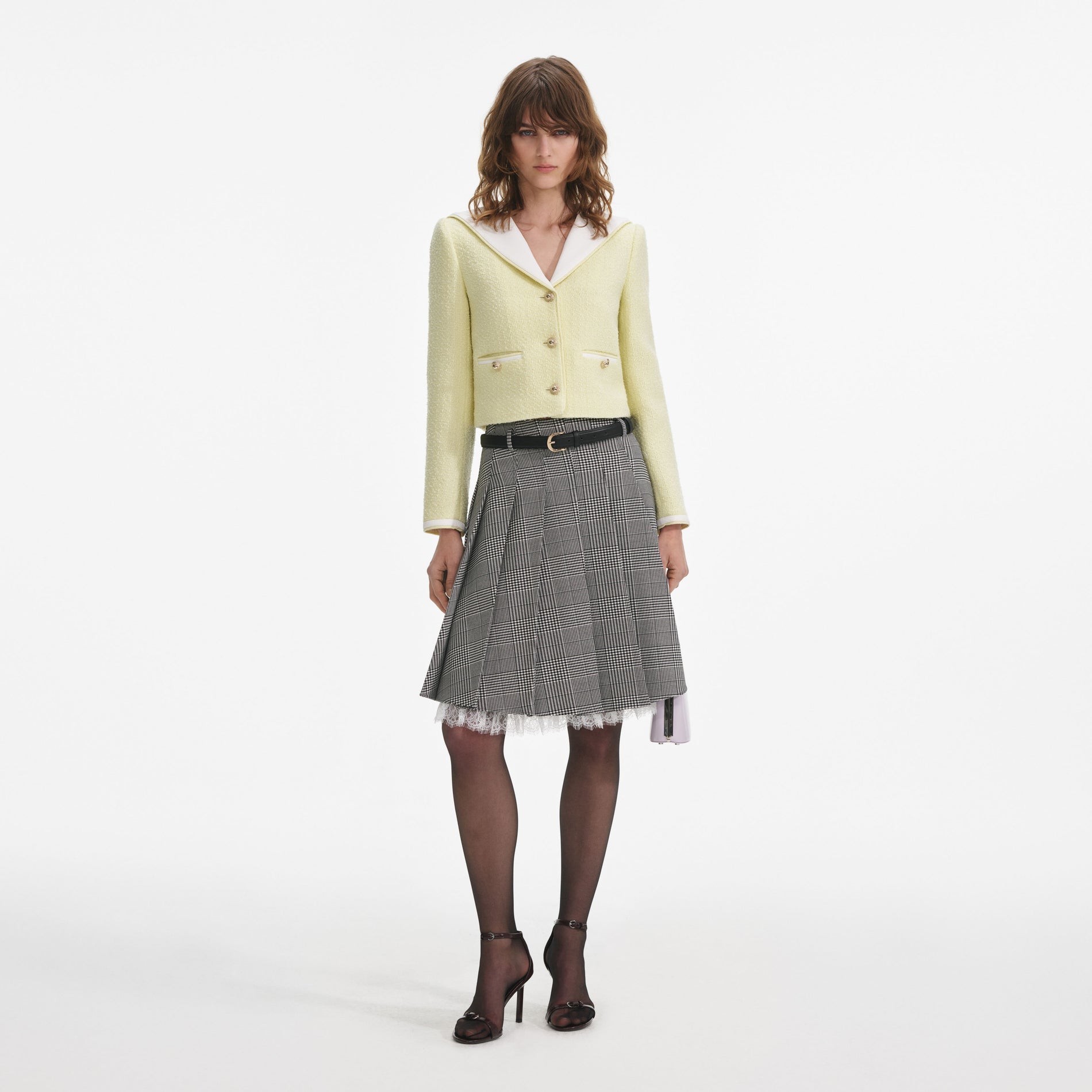 Front view of a woman wearing the Yellow Boucle Contrast Collar Jacket