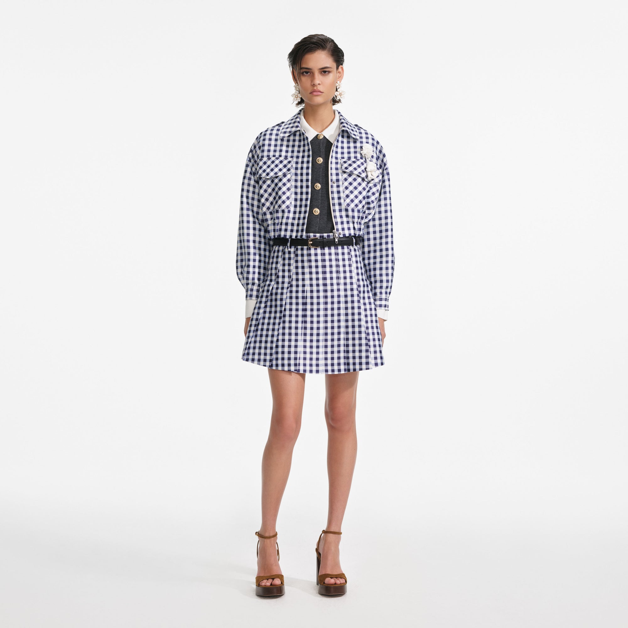 Front view of a woman wearing the Navy Gingham Taffeta Jacket