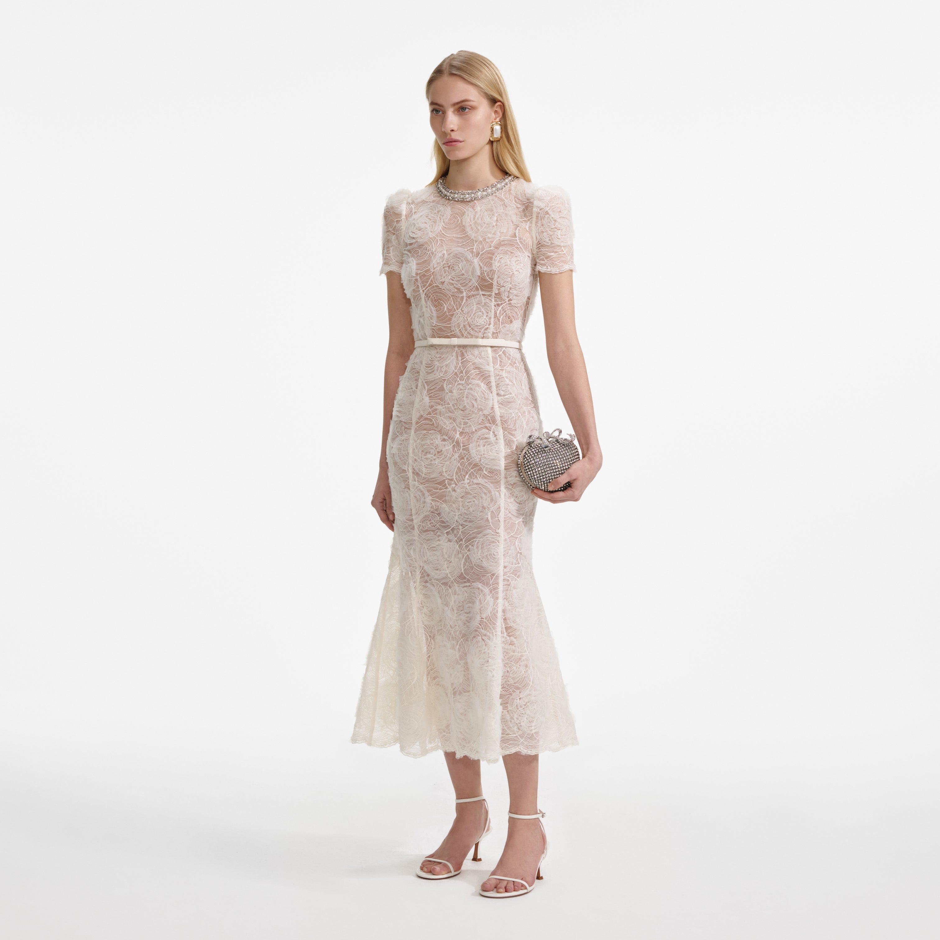 Cream Tulle Lace Midi Dress – self-portrait