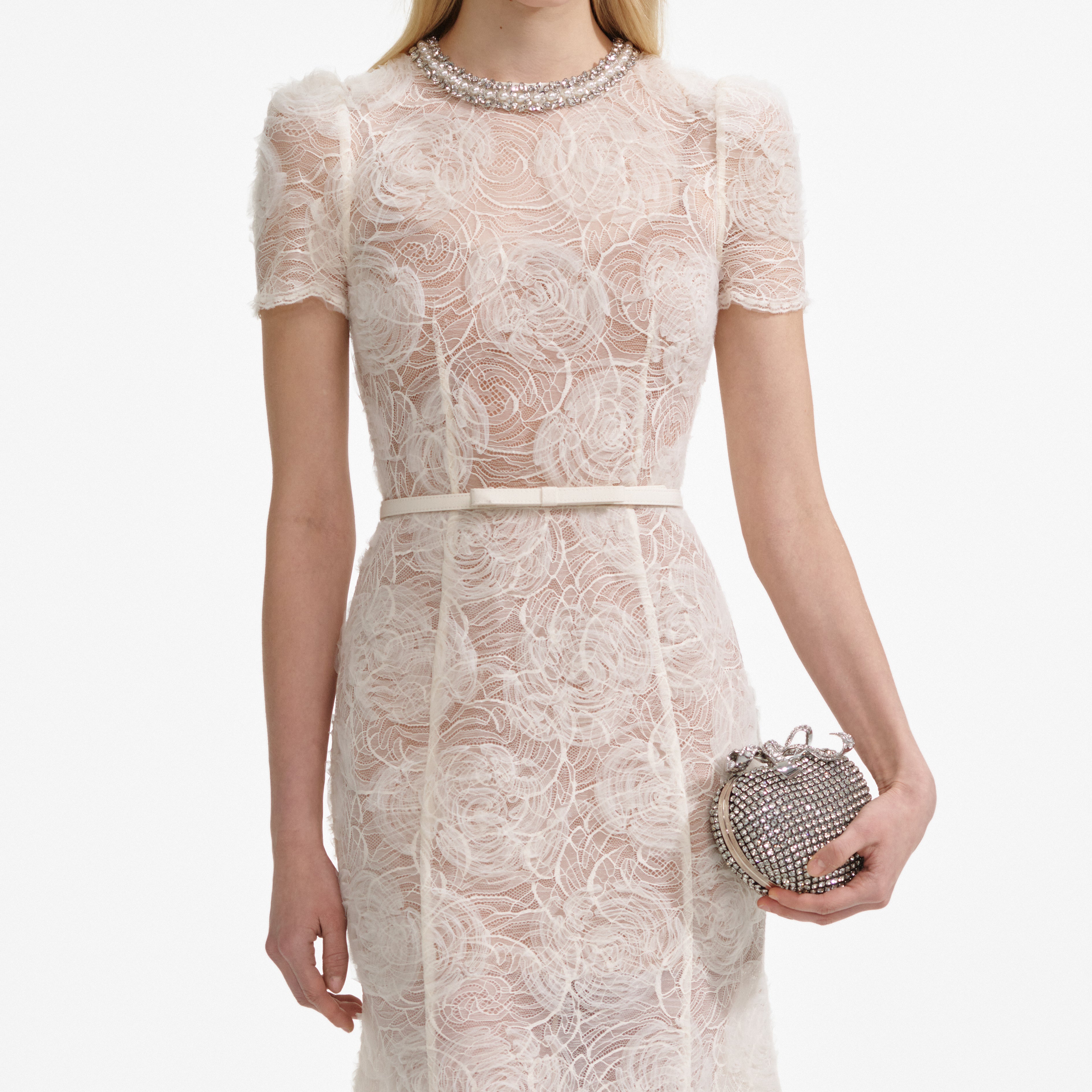 Cream Tulle Lace Midi Dress