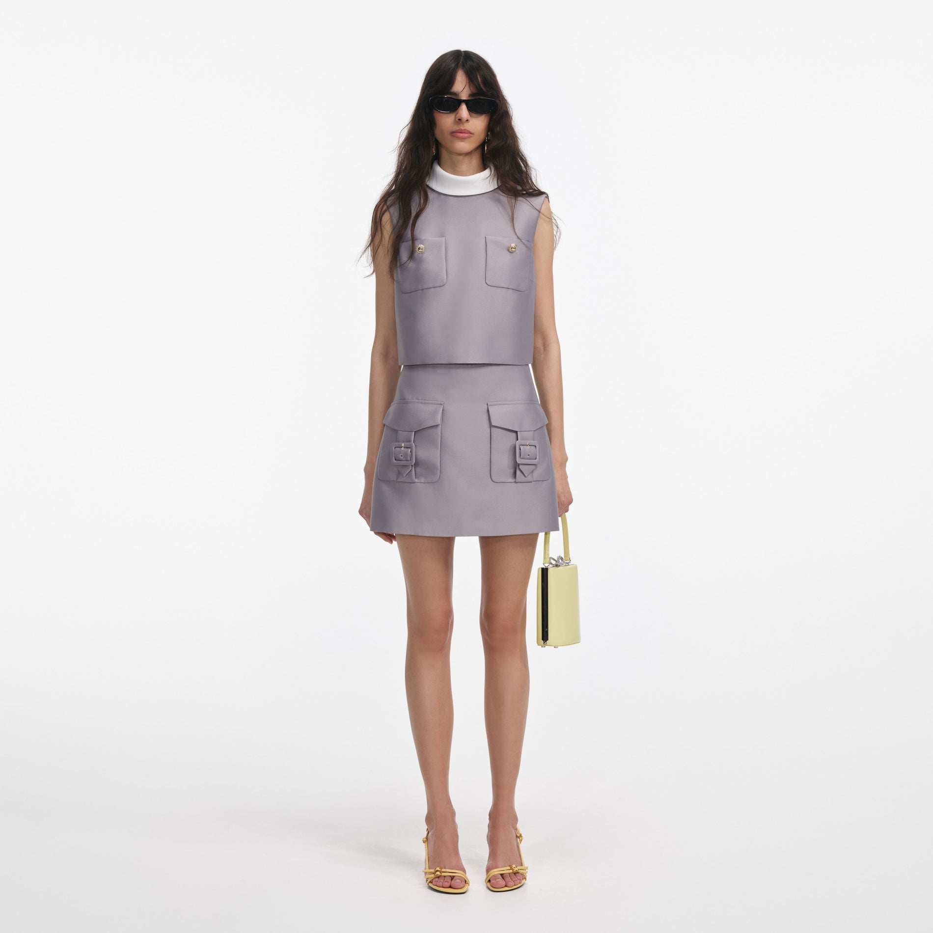 Front view of a woman wearing the Grey Taffeta Top