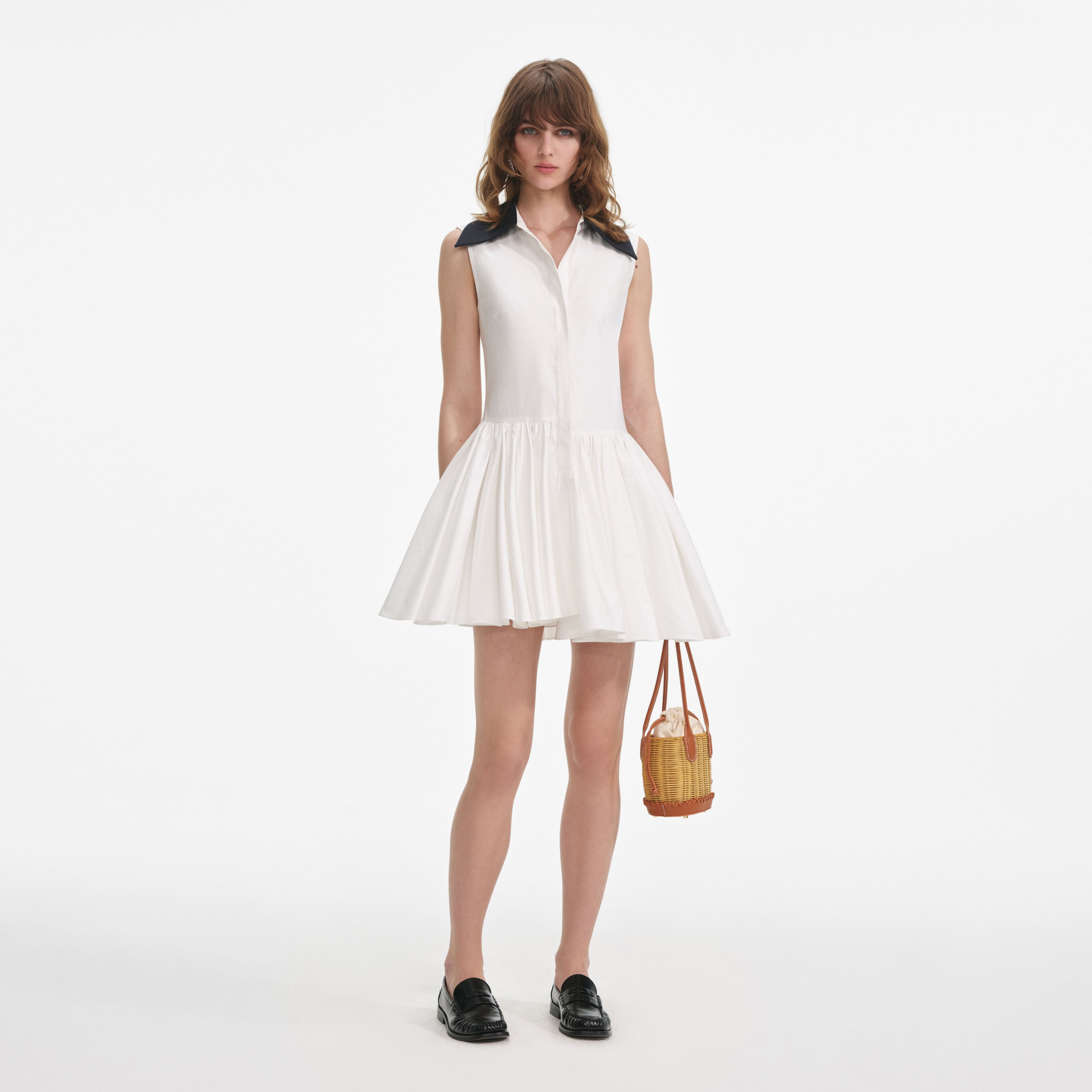 White Cotton Contrast Collar Mini Dress
