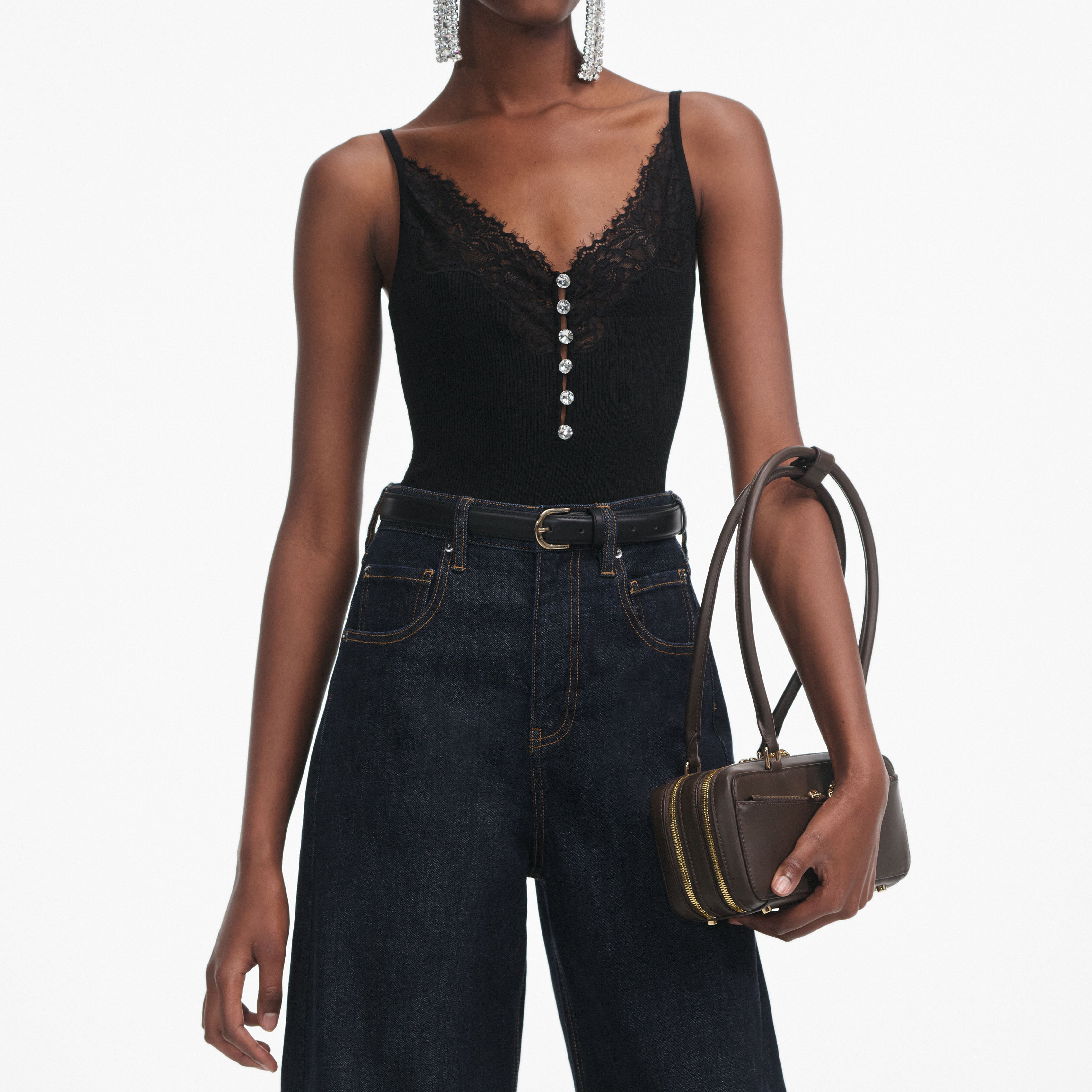 Black Lace Trim Rib Knit Top – self-portrait