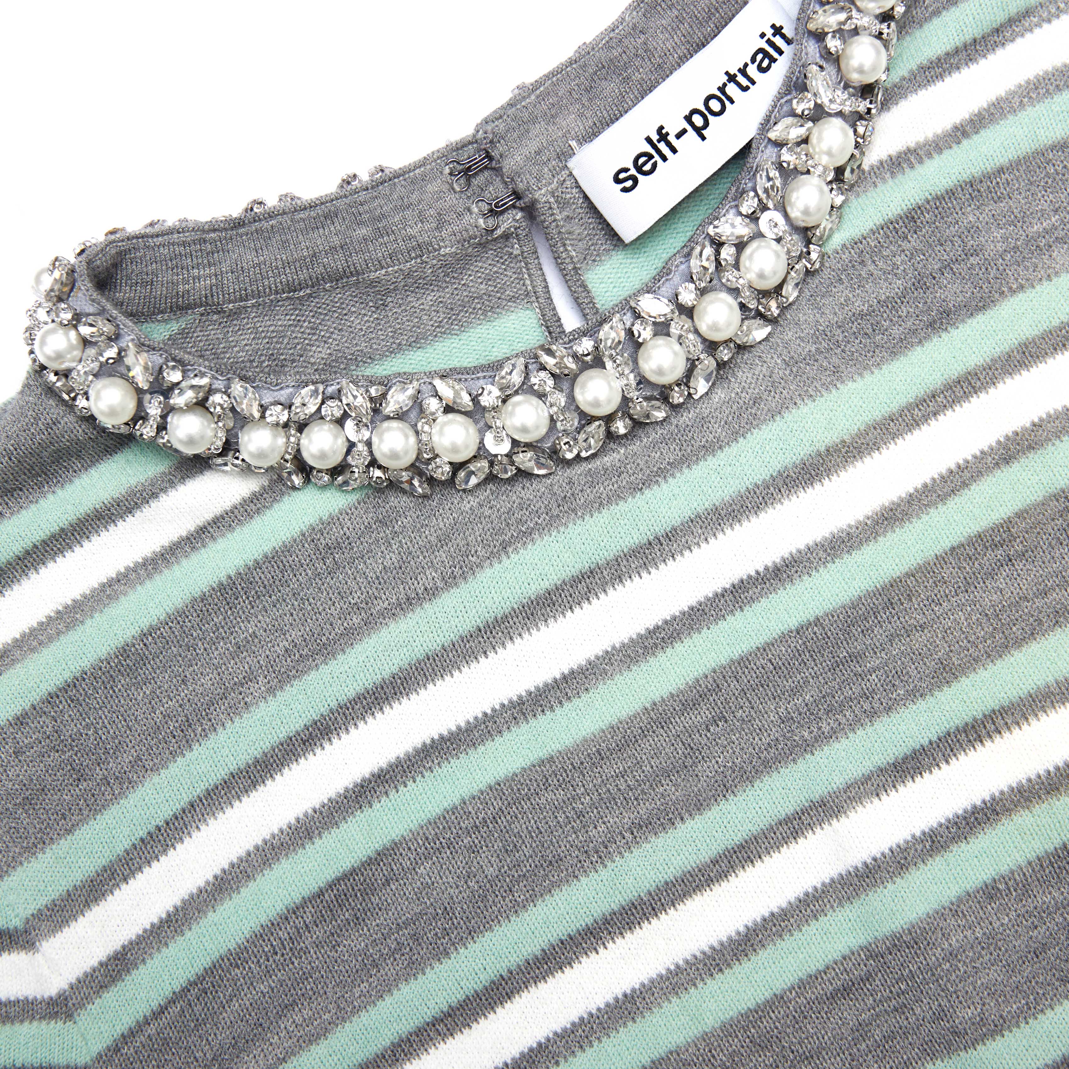Grey Striped Crystal Trim Knit Top