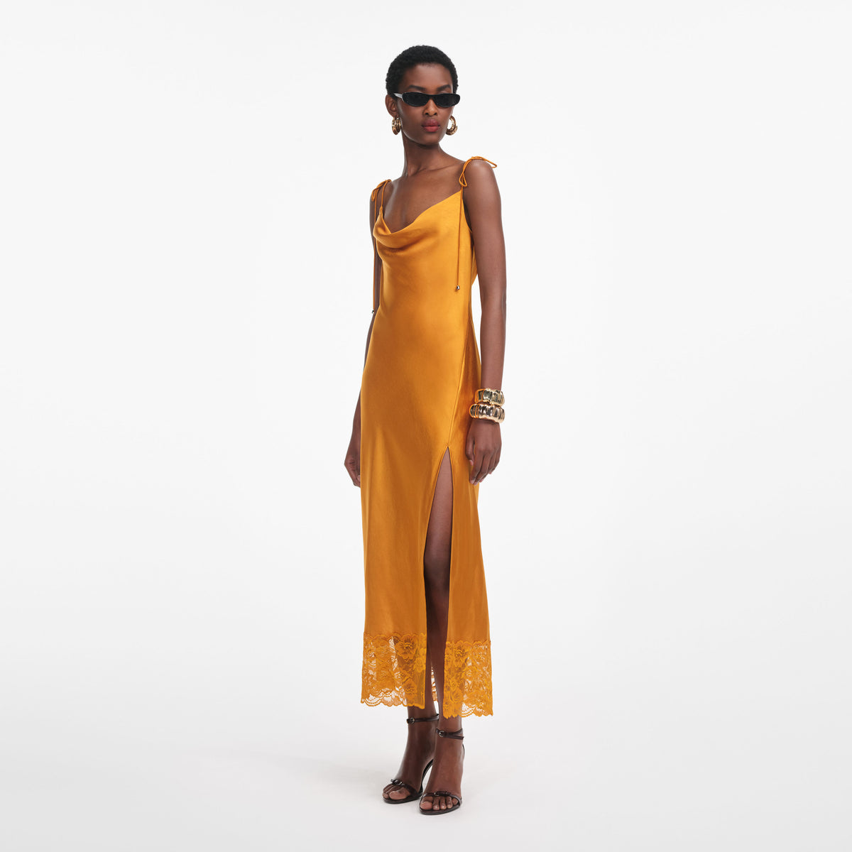Burnt Orange Satin Midi Dress – self-portrait