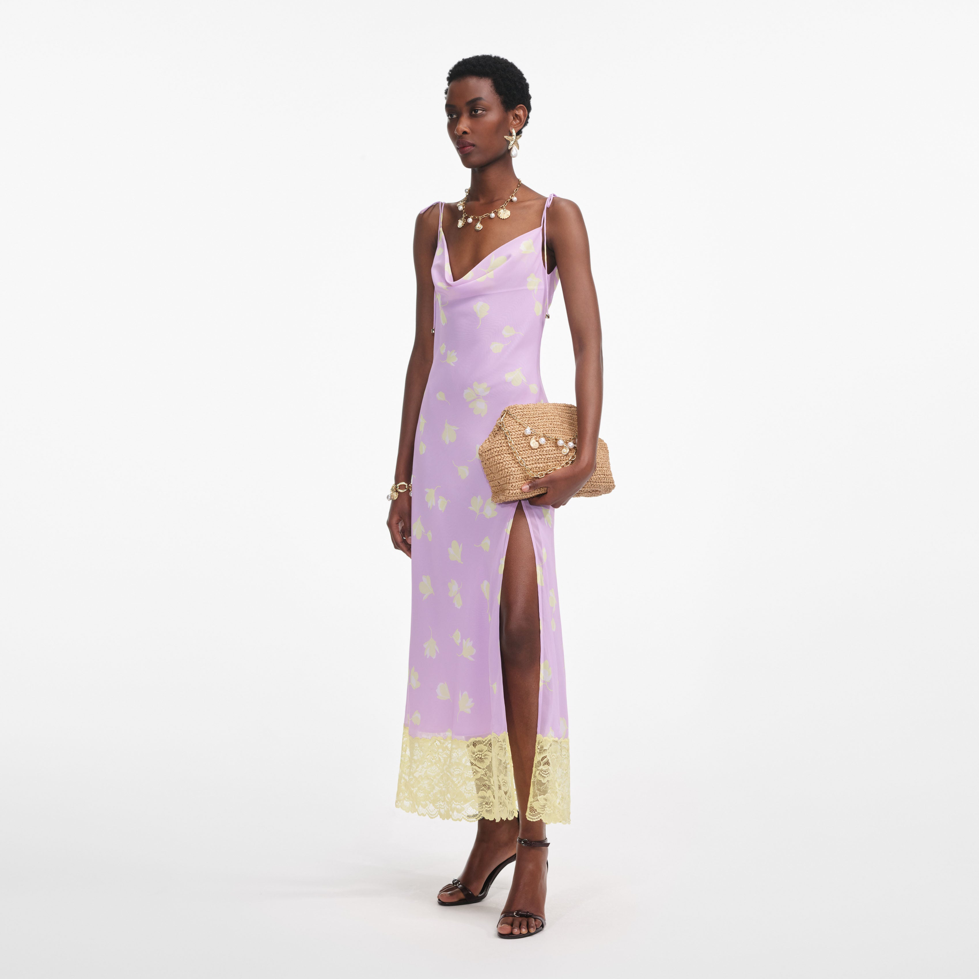 Lilac Floral Chiffon Midi Dress