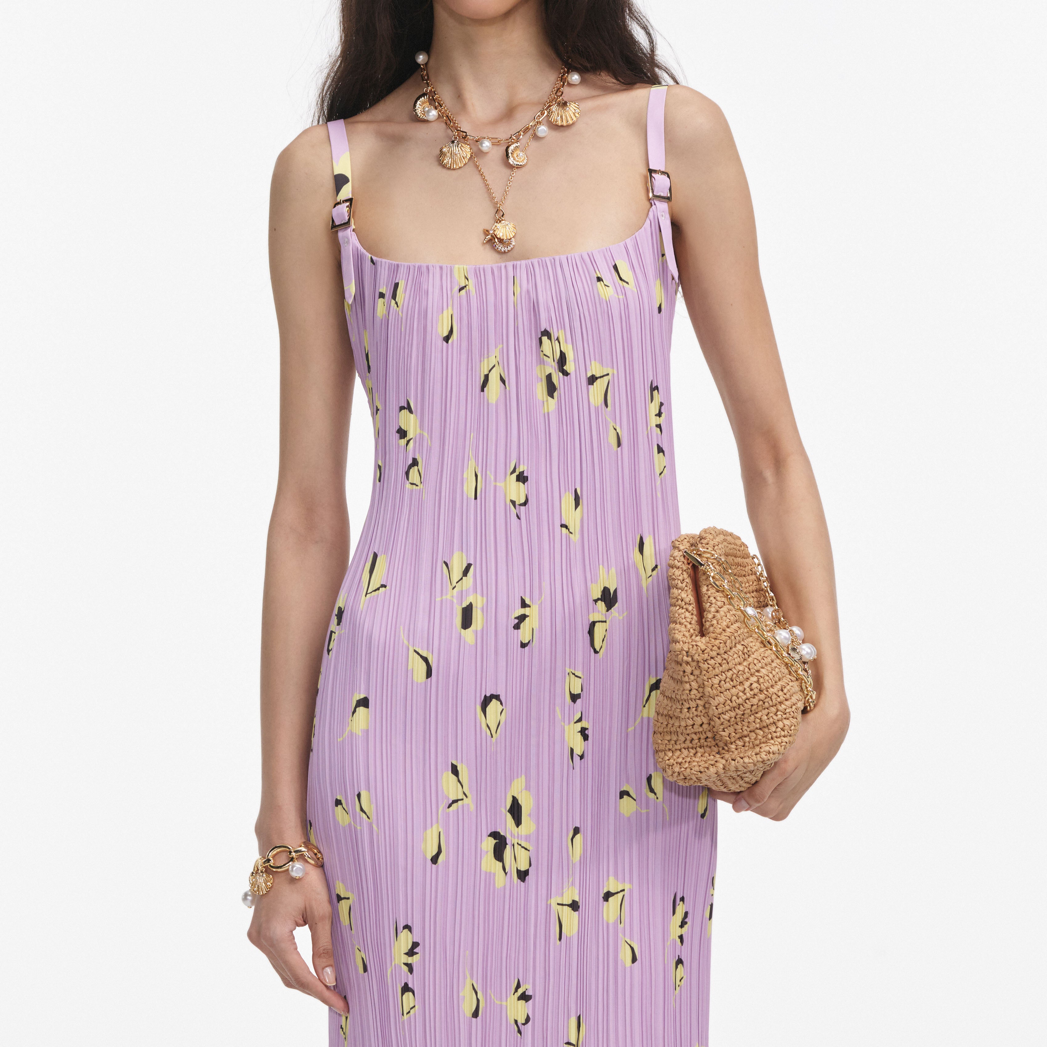 Lilac Floral Plisse Midi Dress – self-portrait