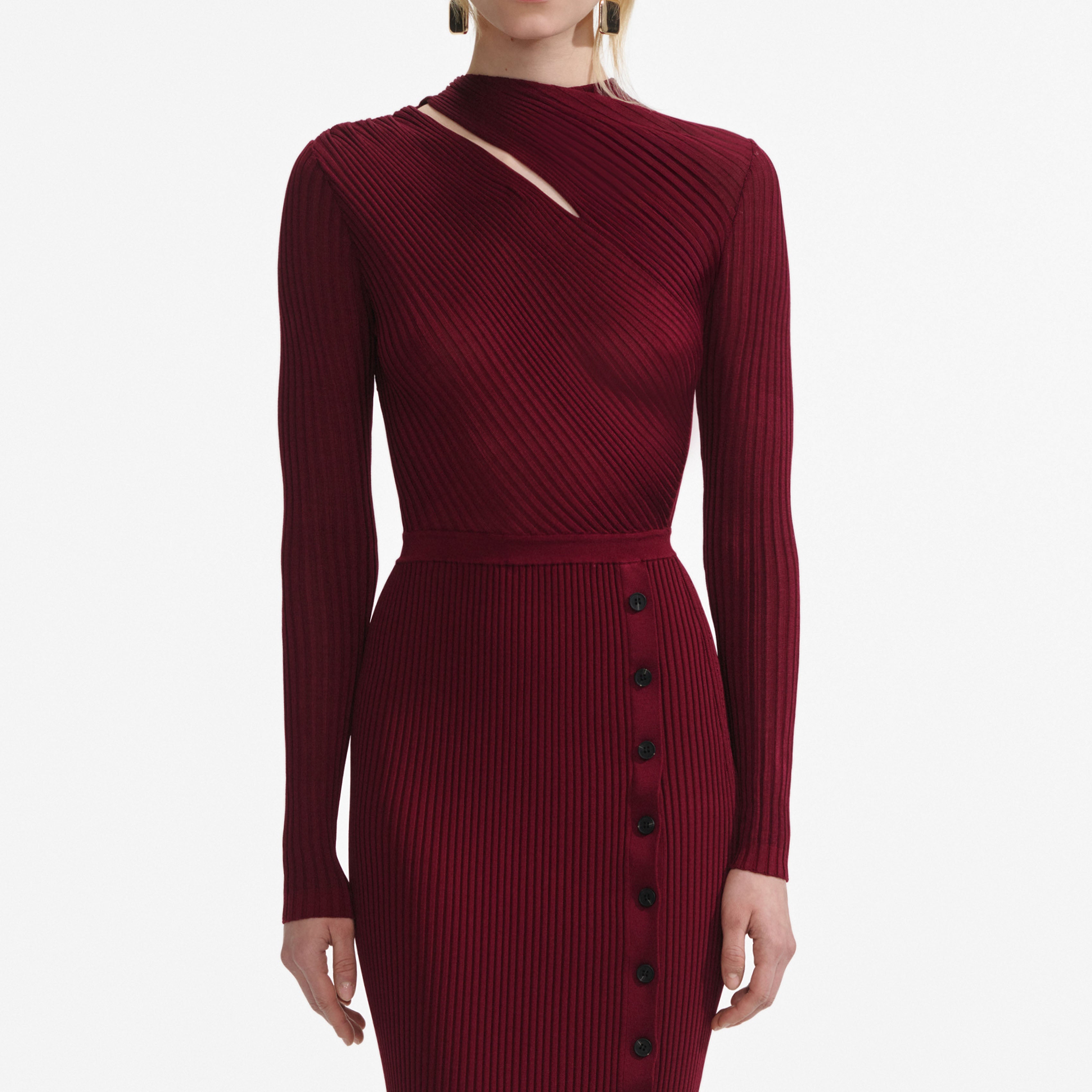 Burgundy Cut Out Rib Knit Midi Dress