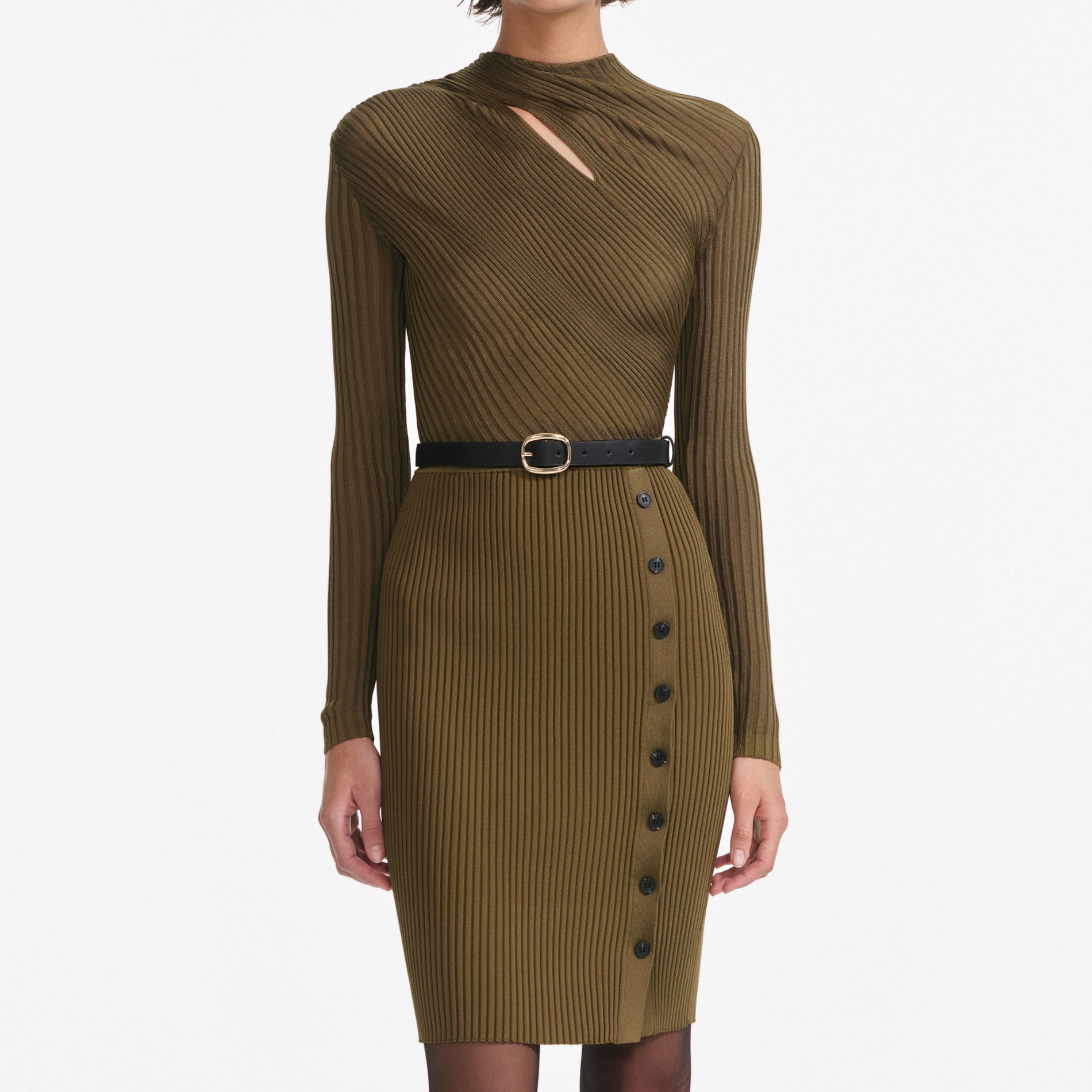 A close up of a woman wearing the Khaki Cut Out Rib Knit Mini Dress