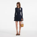 Navy Pointelle Knit Crochet Flower Mini Dress