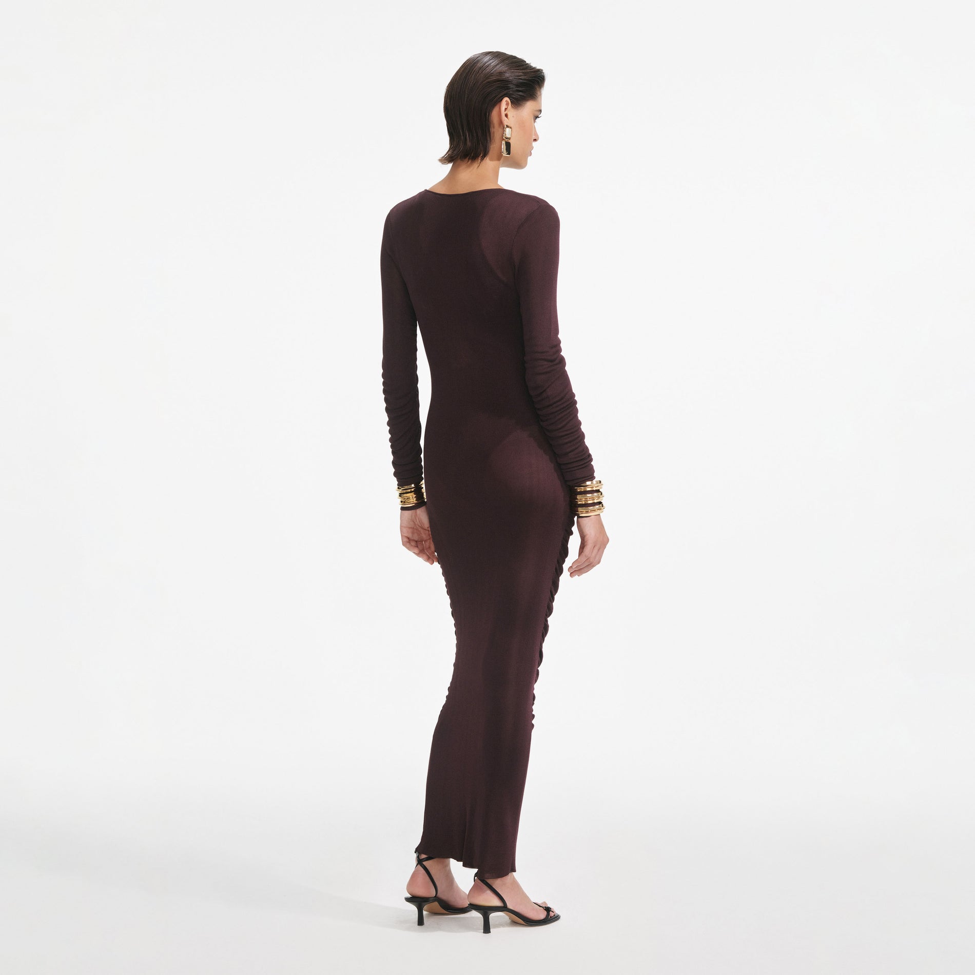 Brown Gathered Viscose Knit Midi Dress