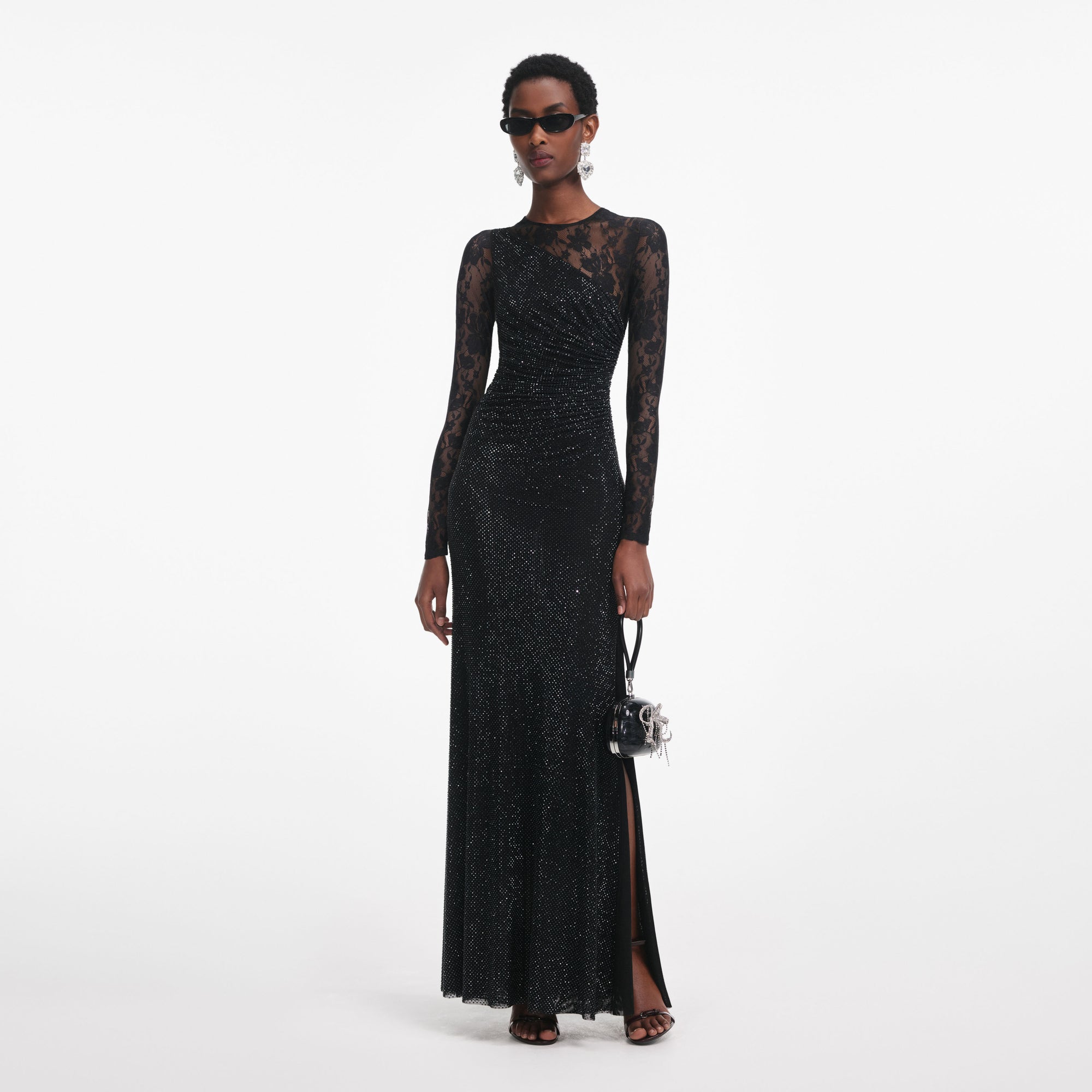 Black Rhinestone Lace Sleeves Maxi Dress